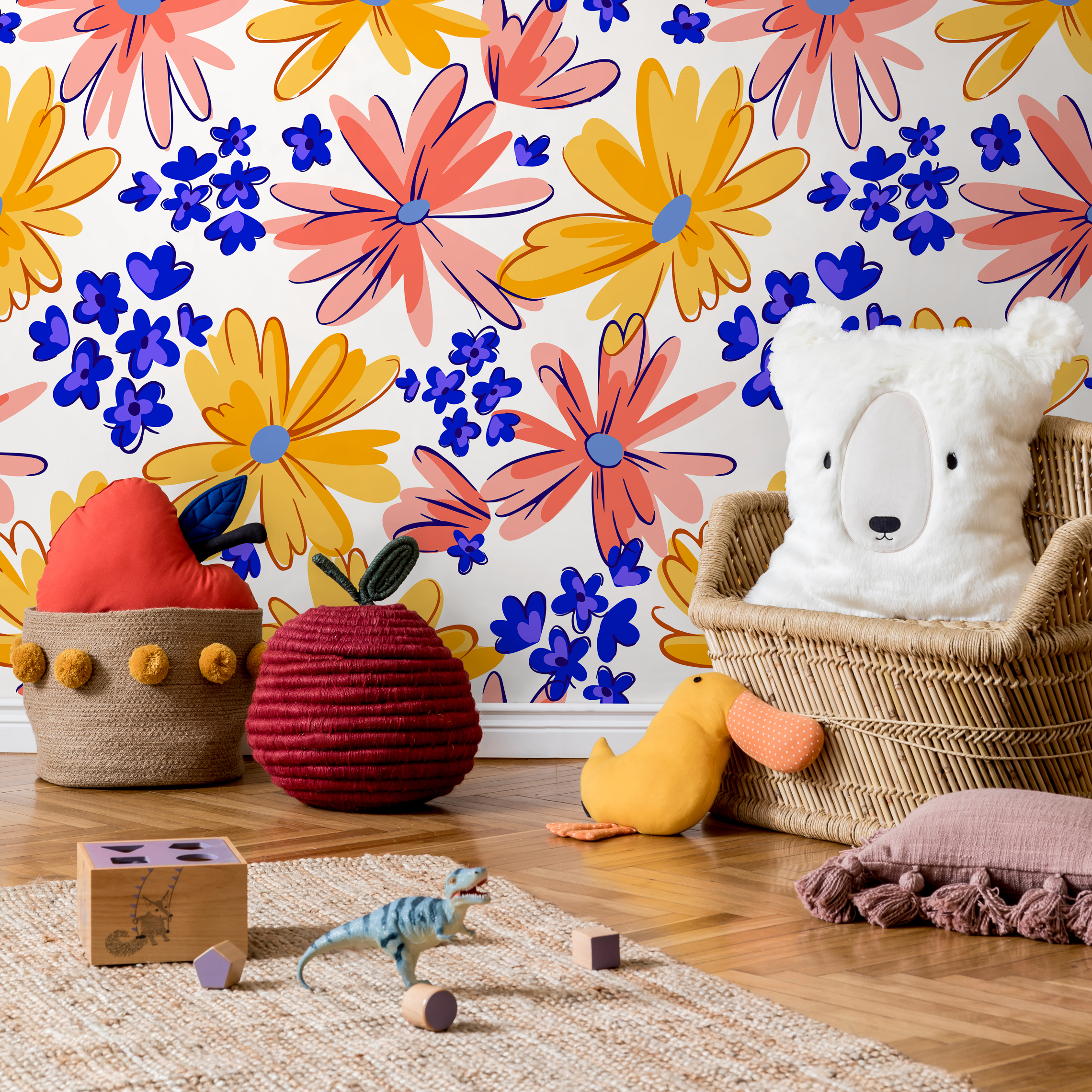 Floral Wallpaper Featuring Abstract Daisies In Yellow, Pink, And Blue - C404