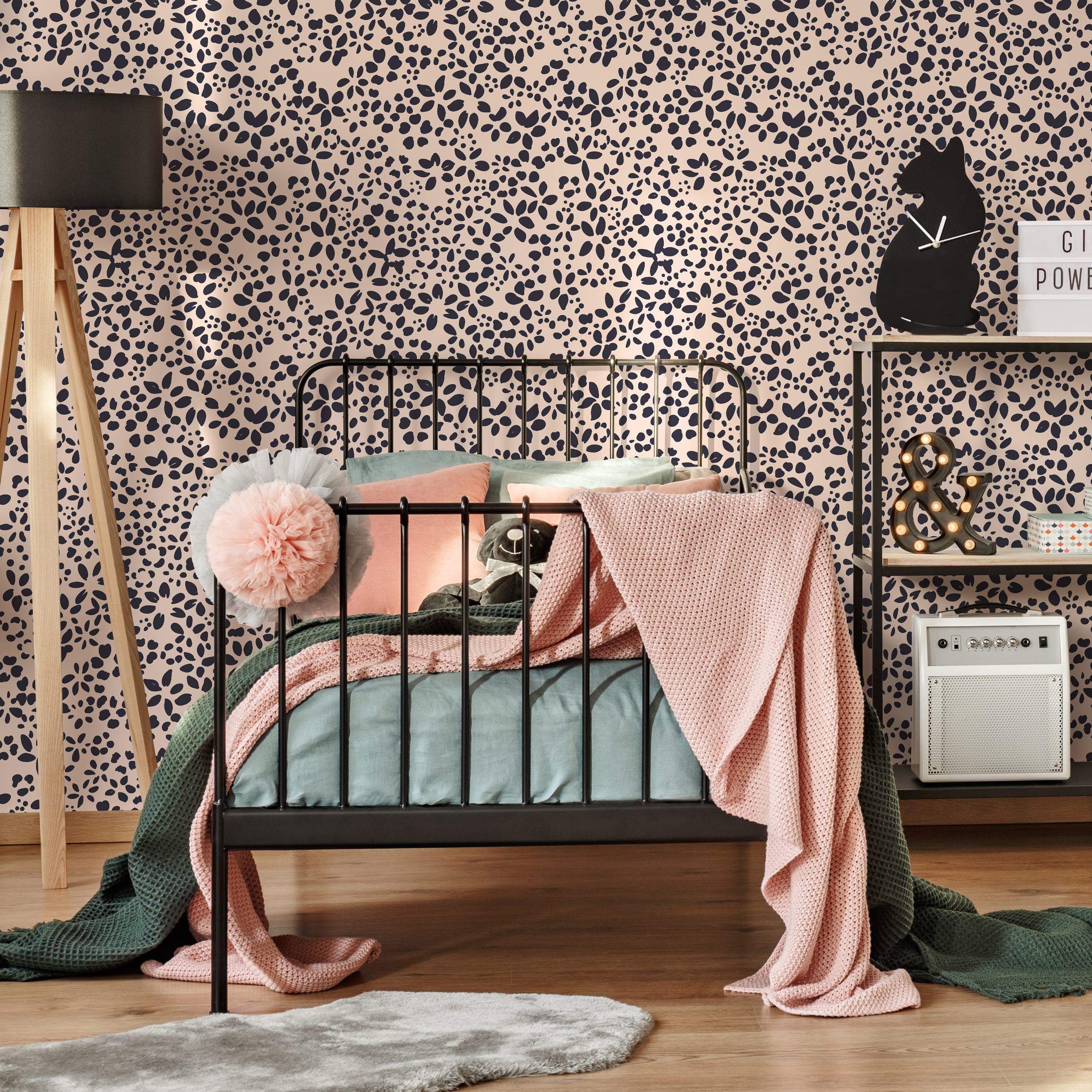 Minimalist Floral Wallpaper With Scattered Petals In Navy Blue And Blush Pink - C406