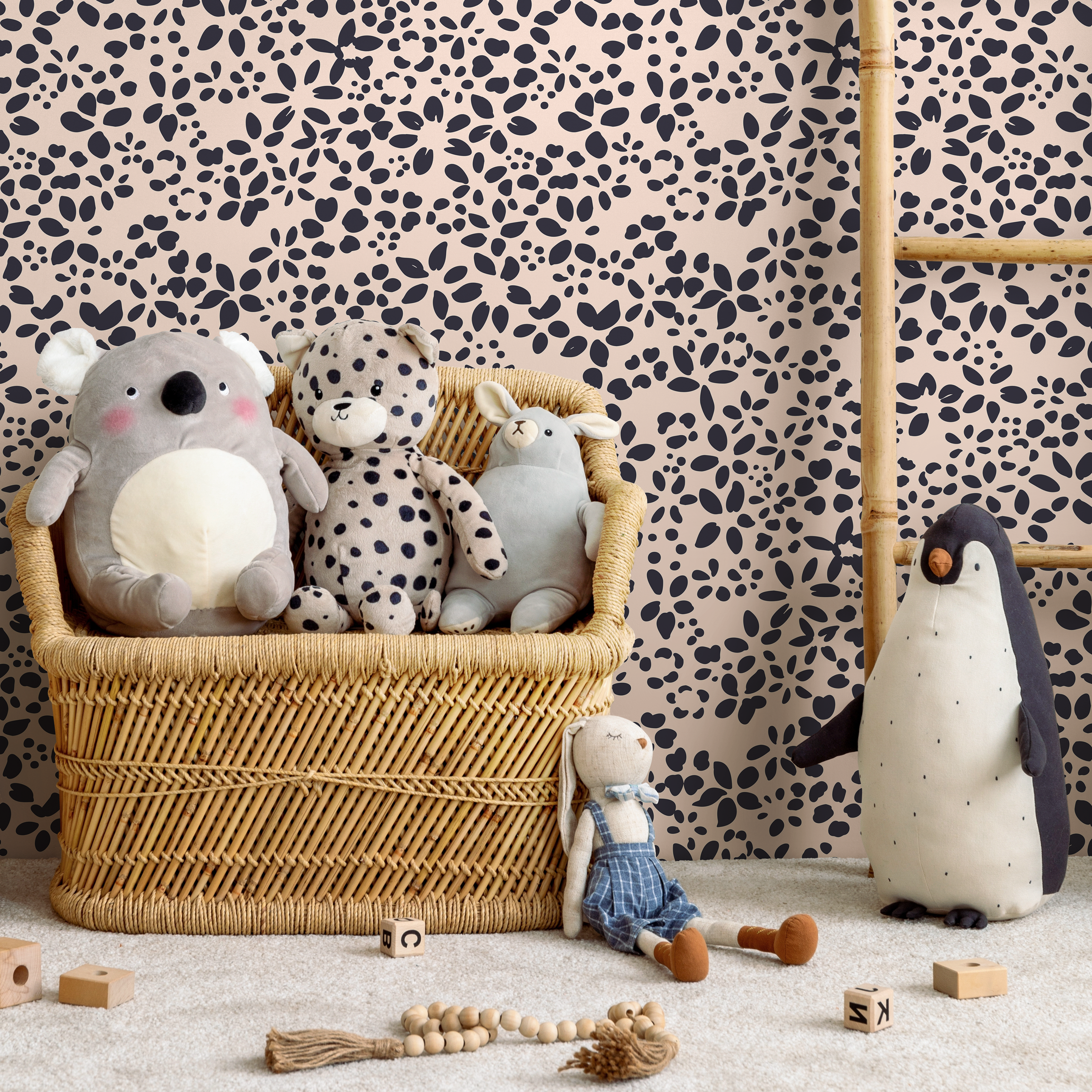 Minimalist Floral Wallpaper With Scattered Petals In Navy Blue And Blush Pink - C406