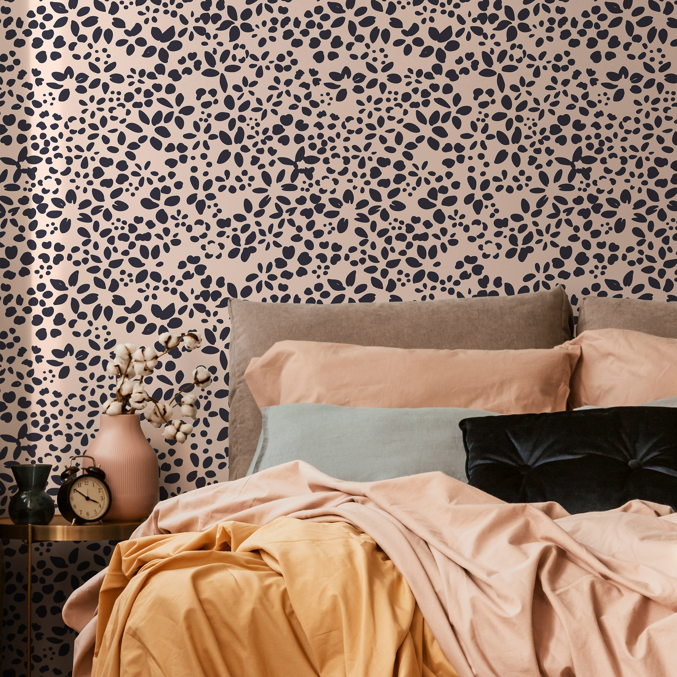 Minimalist Floral Wallpaper With Scattered Petals In Navy Blue And Blush Pink - C406