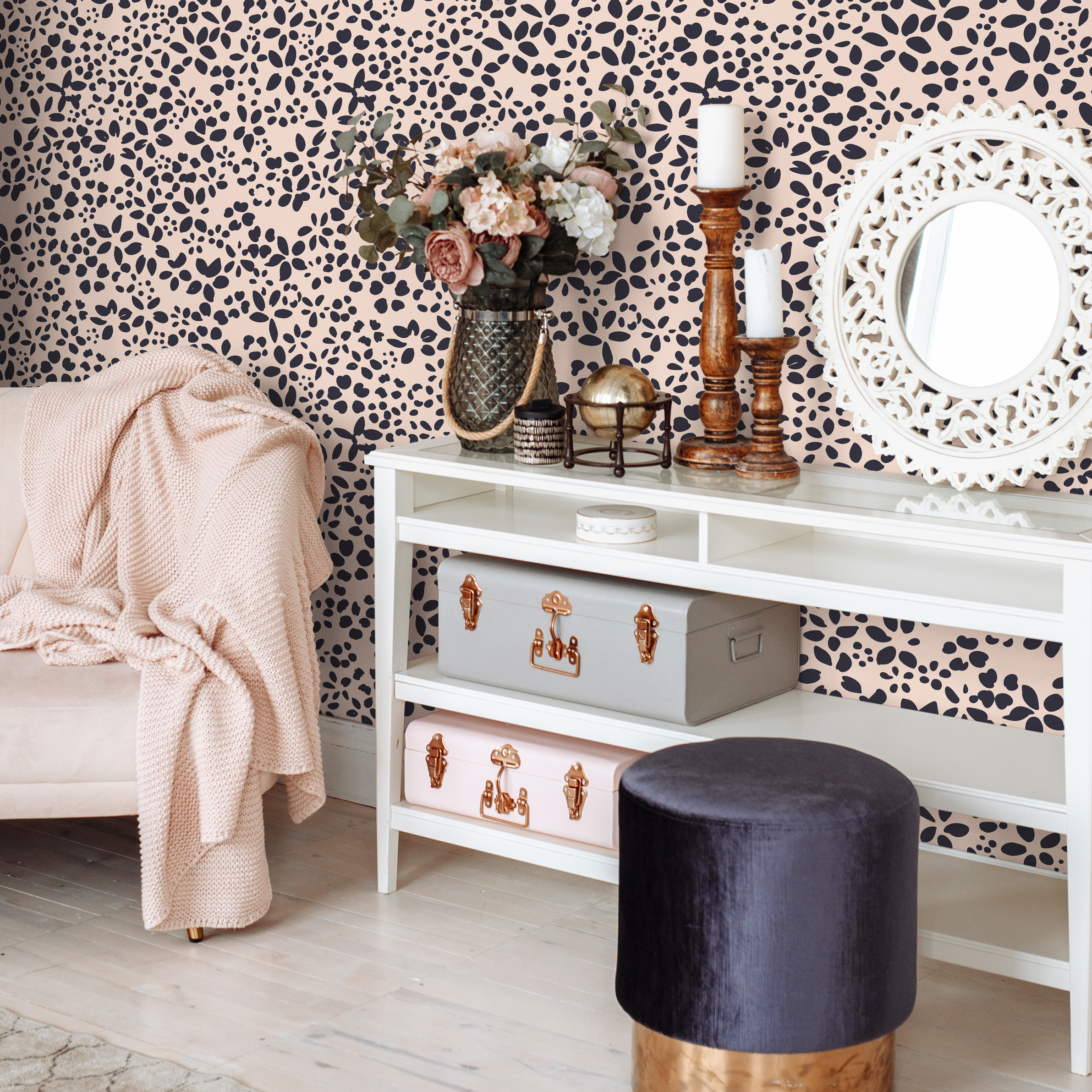Minimalist Floral Wallpaper With Scattered Petals In Navy Blue And Blush Pink - C406