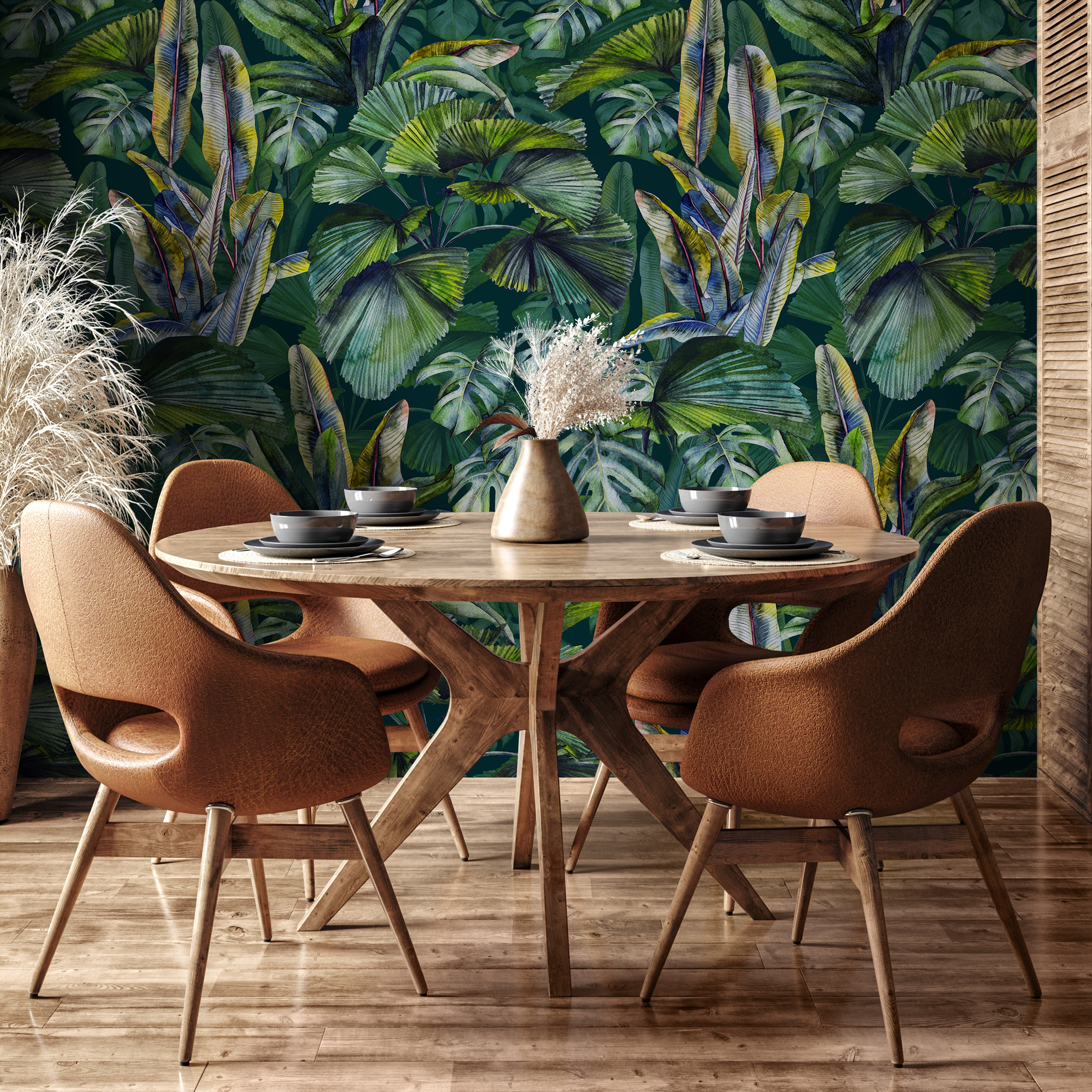 Botanical Wallpaper Featuring Lush Monstera And Palm Leaves In Green, Blue, And Yellow - C407