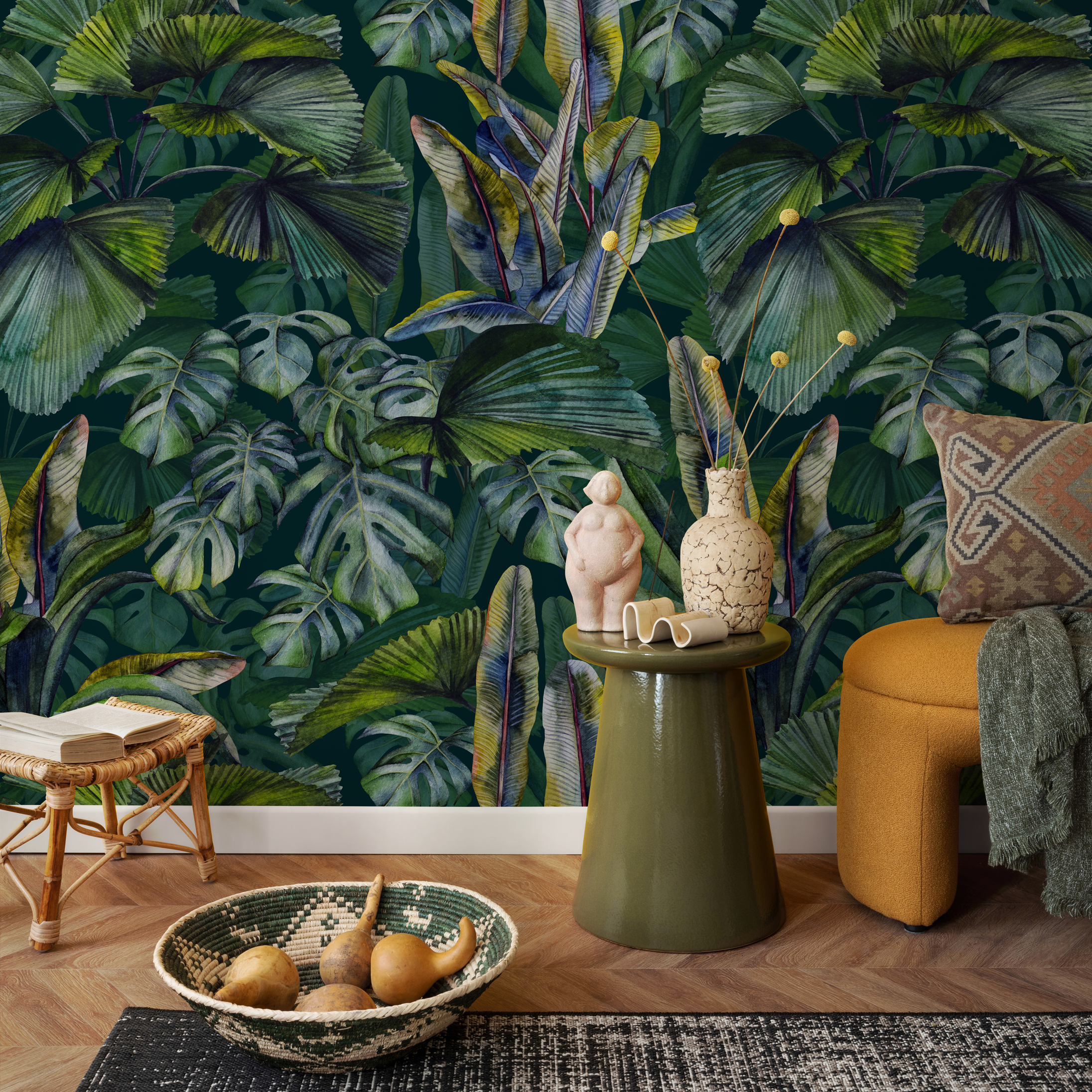 Botanical Wallpaper Featuring Lush Monstera And Palm Leaves In Green, Blue, And Yellow - C407