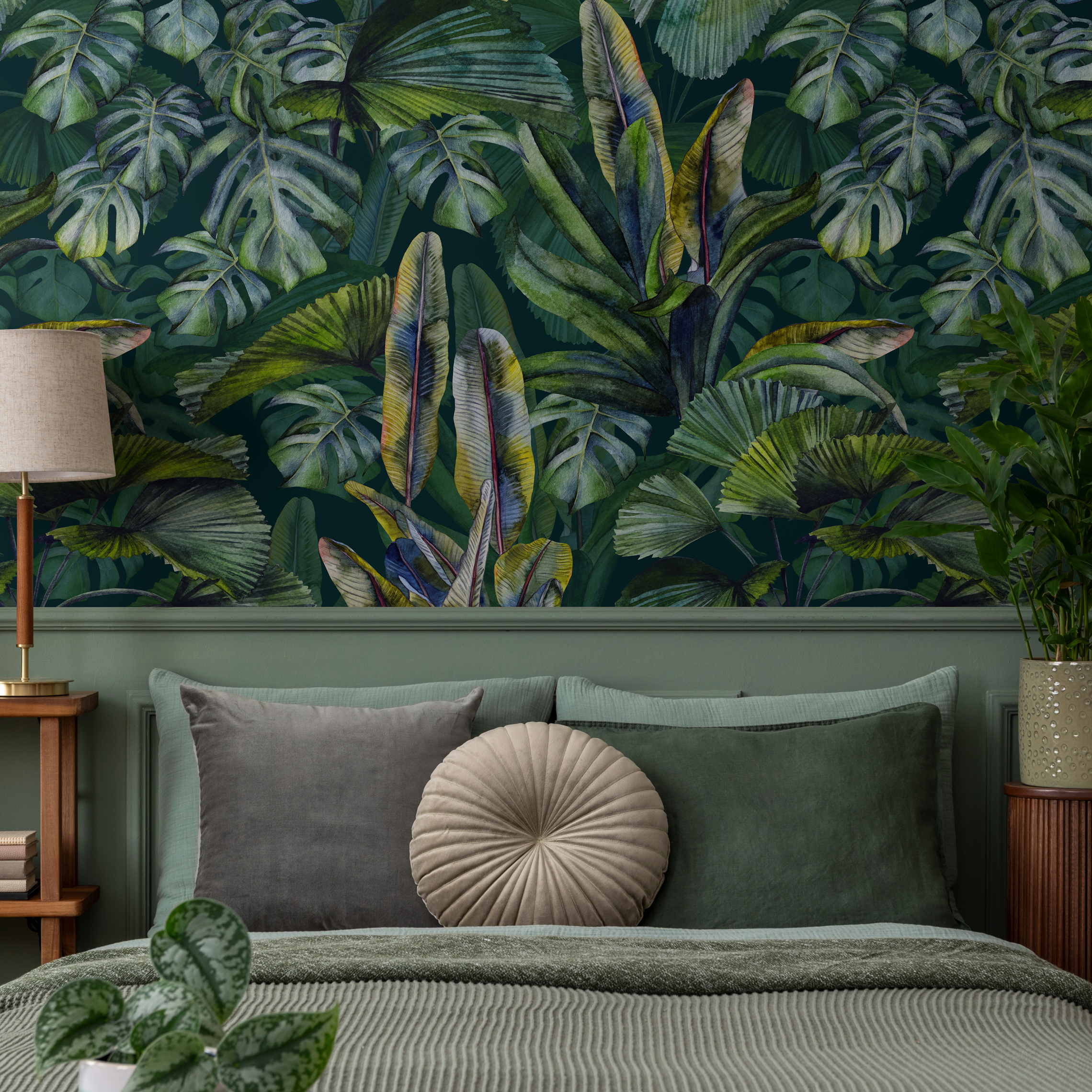 Botanical Wallpaper Featuring Lush Monstera And Palm Leaves In Green, Blue, And Yellow - C407