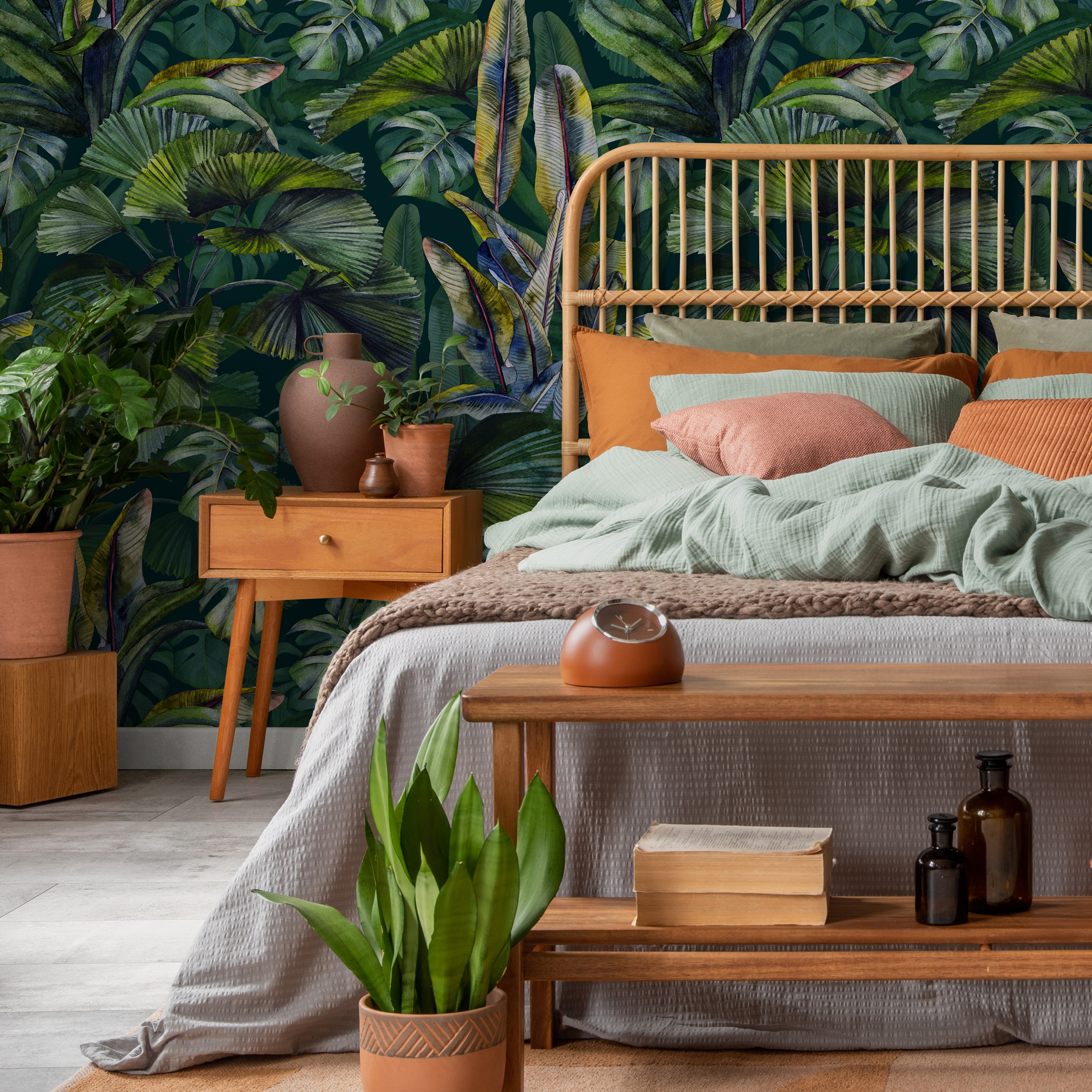 Botanical Wallpaper Featuring Lush Monstera And Palm Leaves In Green, Blue, And Yellow - C407