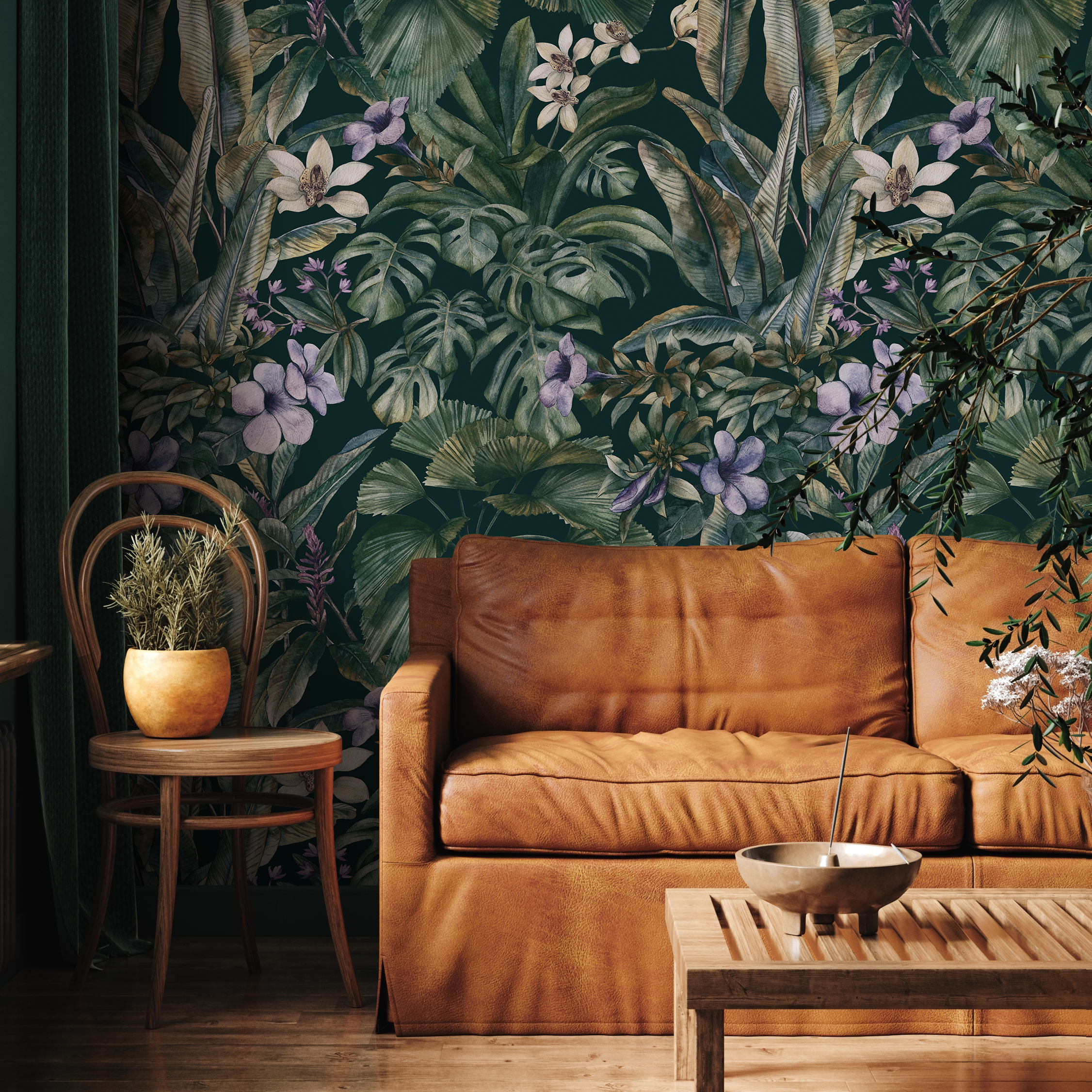 Botanical Wallpaper Featuring A Lush Tropical Jungle In Green, Purple, And White - C408