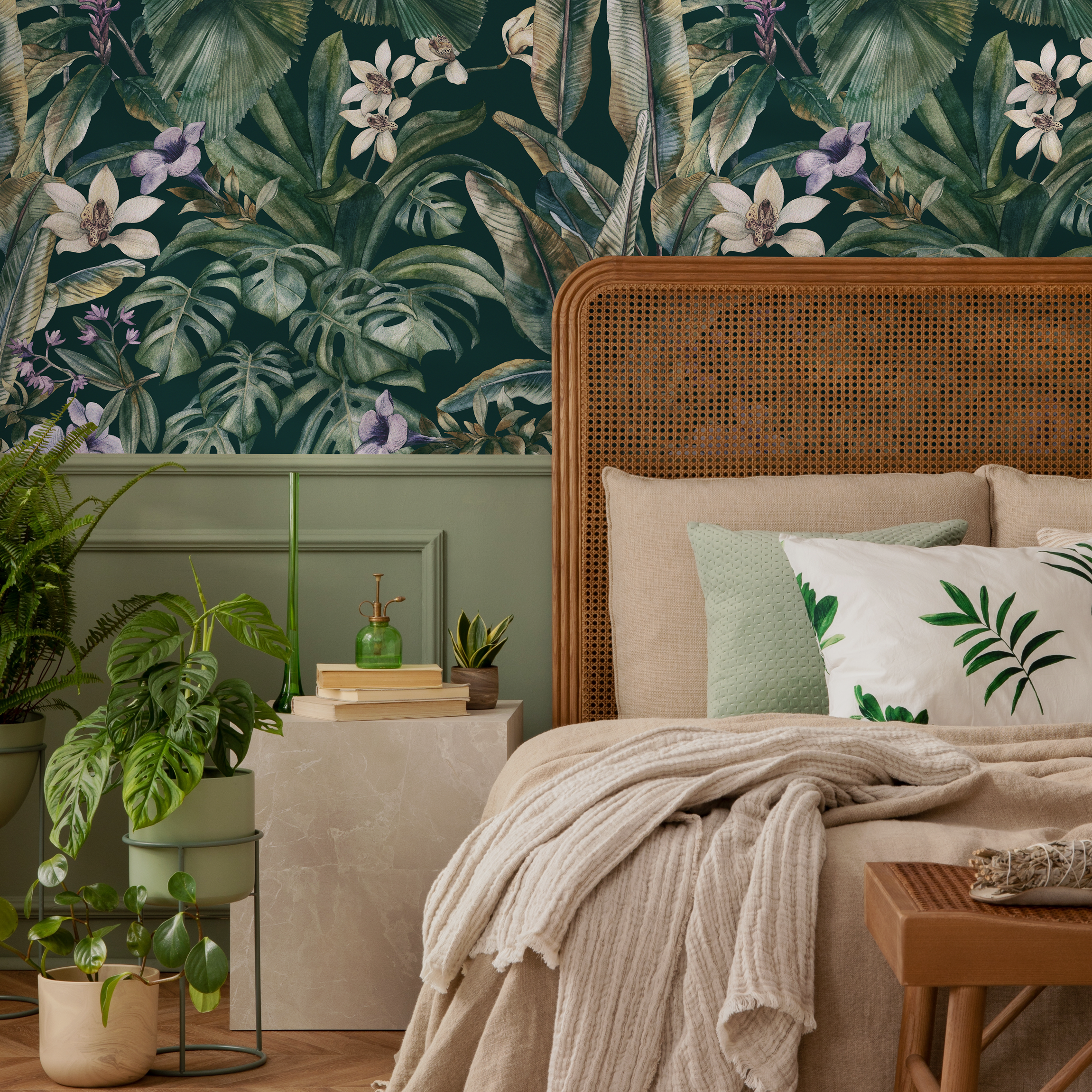 Botanical Wallpaper Featuring A Lush Tropical Jungle In Green, Purple, And White - C408