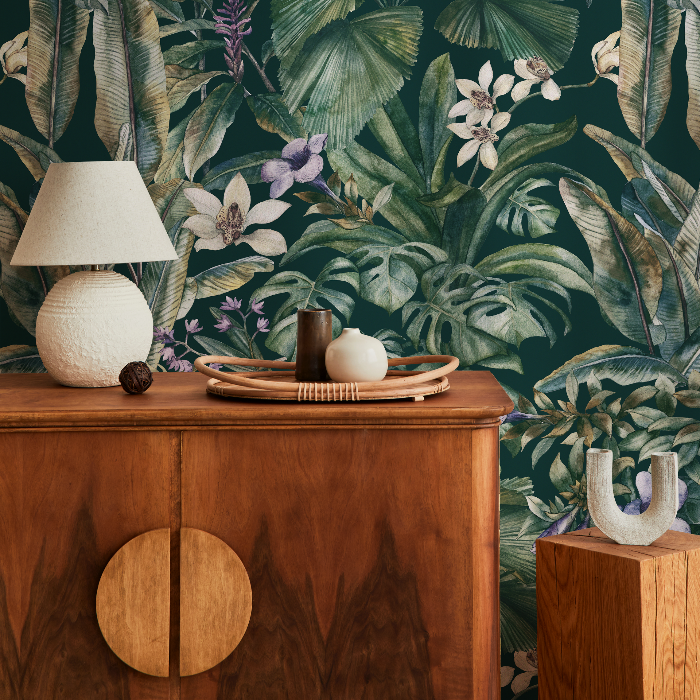 Botanical Wallpaper Featuring A Lush Tropical Jungle In Green, Purple, And White - C408