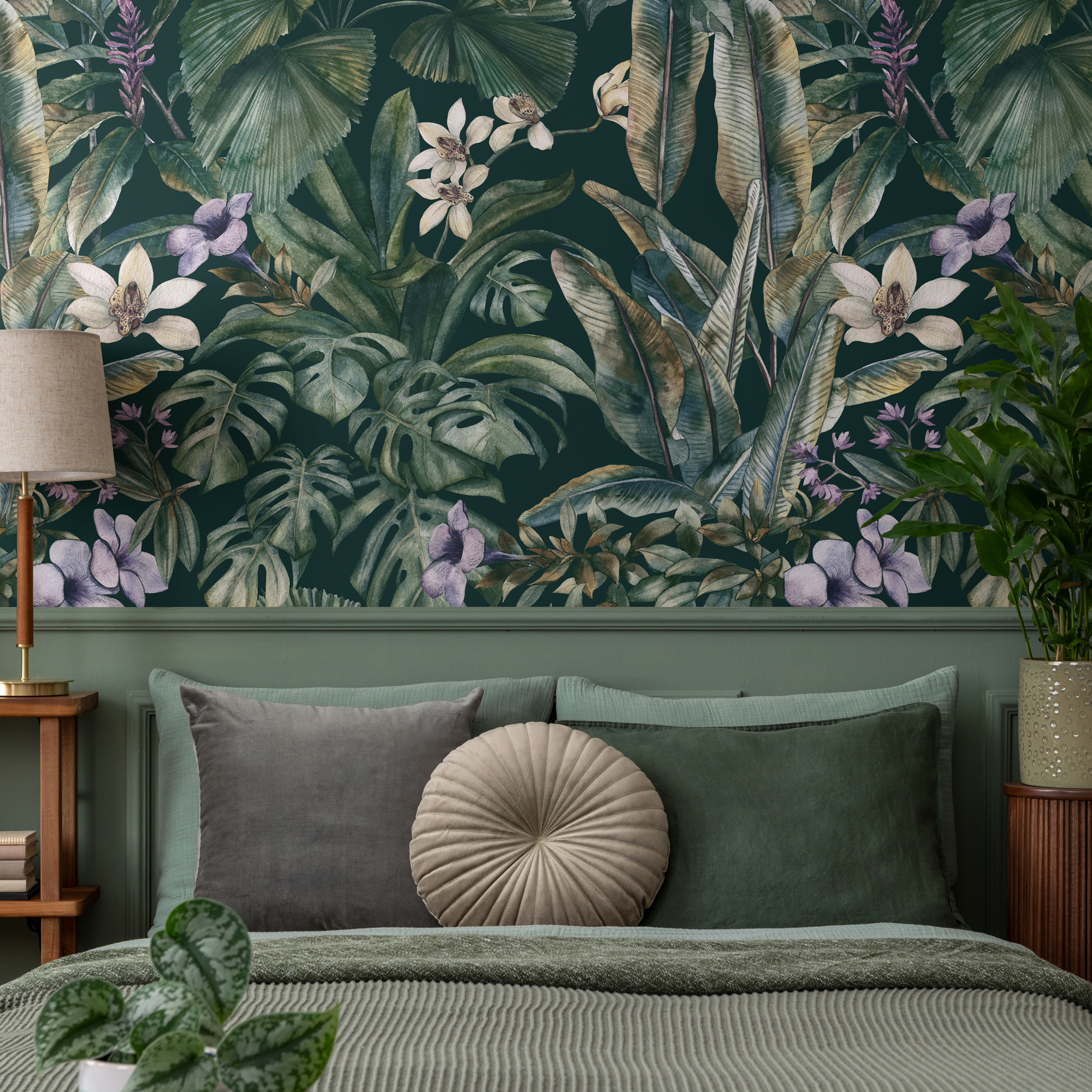 Botanical Wallpaper Featuring A Lush Tropical Jungle In Green, Purple, And White - C408