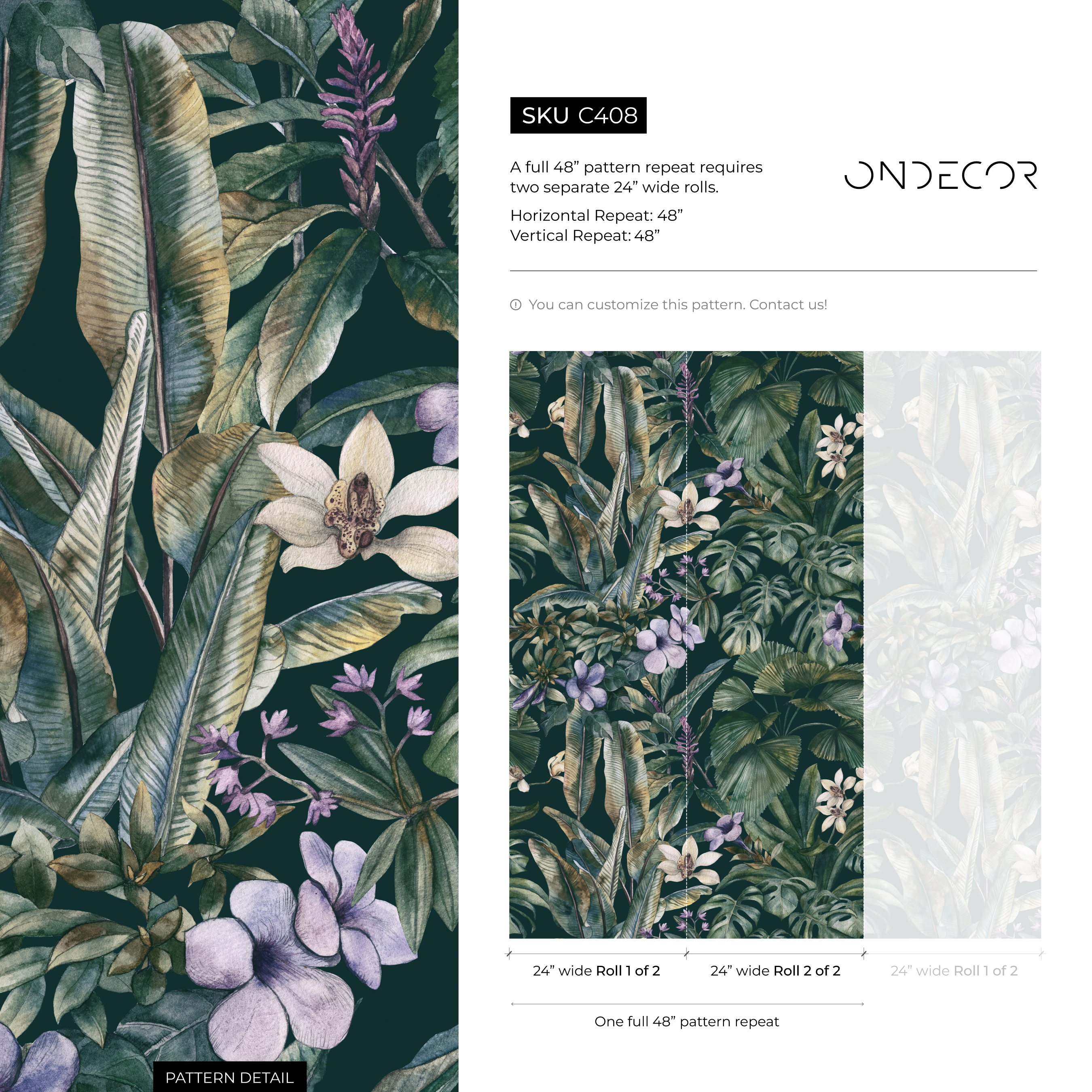 Botanical Wallpaper Featuring A Lush Tropical Jungle In Green, Purple, And White - C408