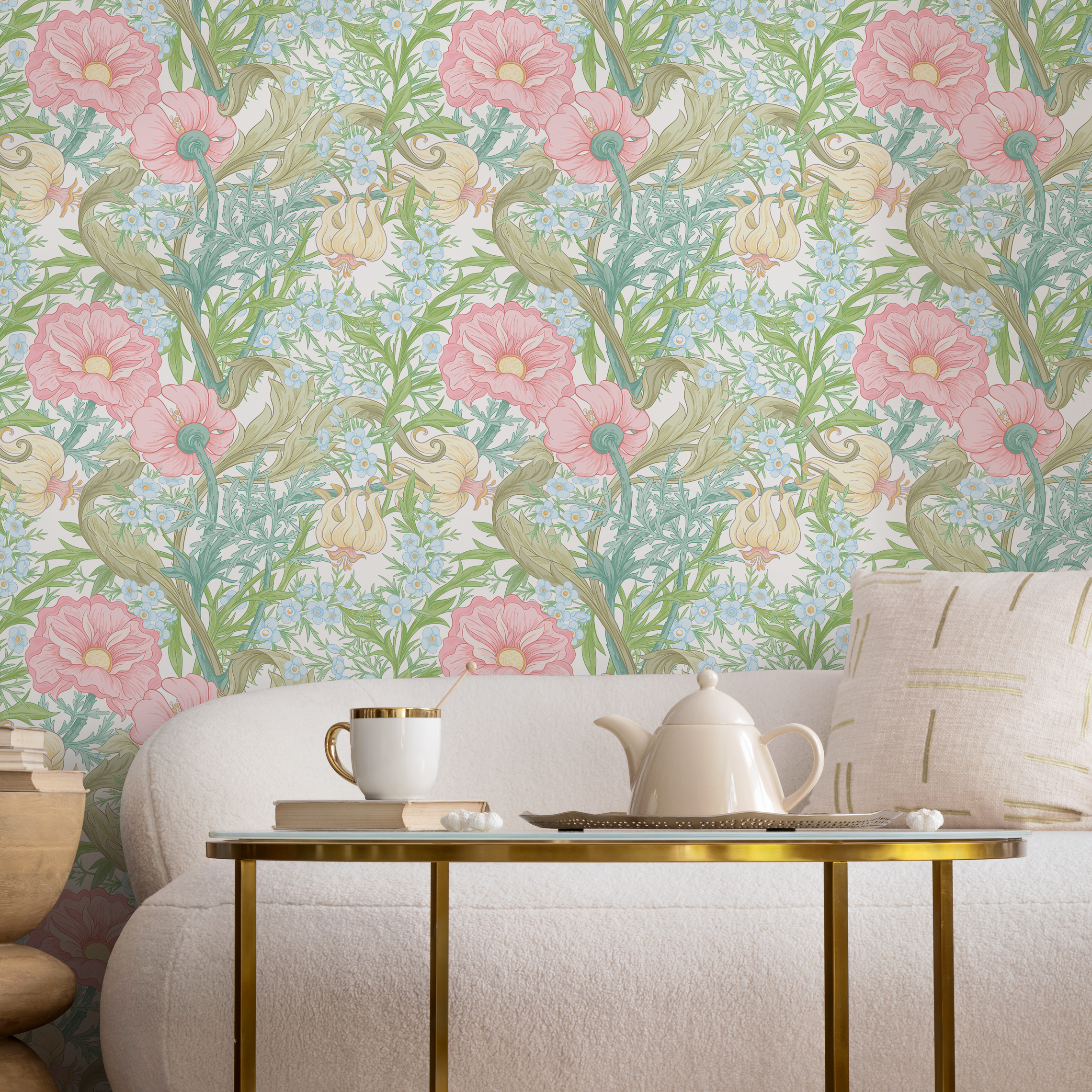 Art Nouveau Wallpaper With Elegant Blooms In Pink, Blue, And Green - C409