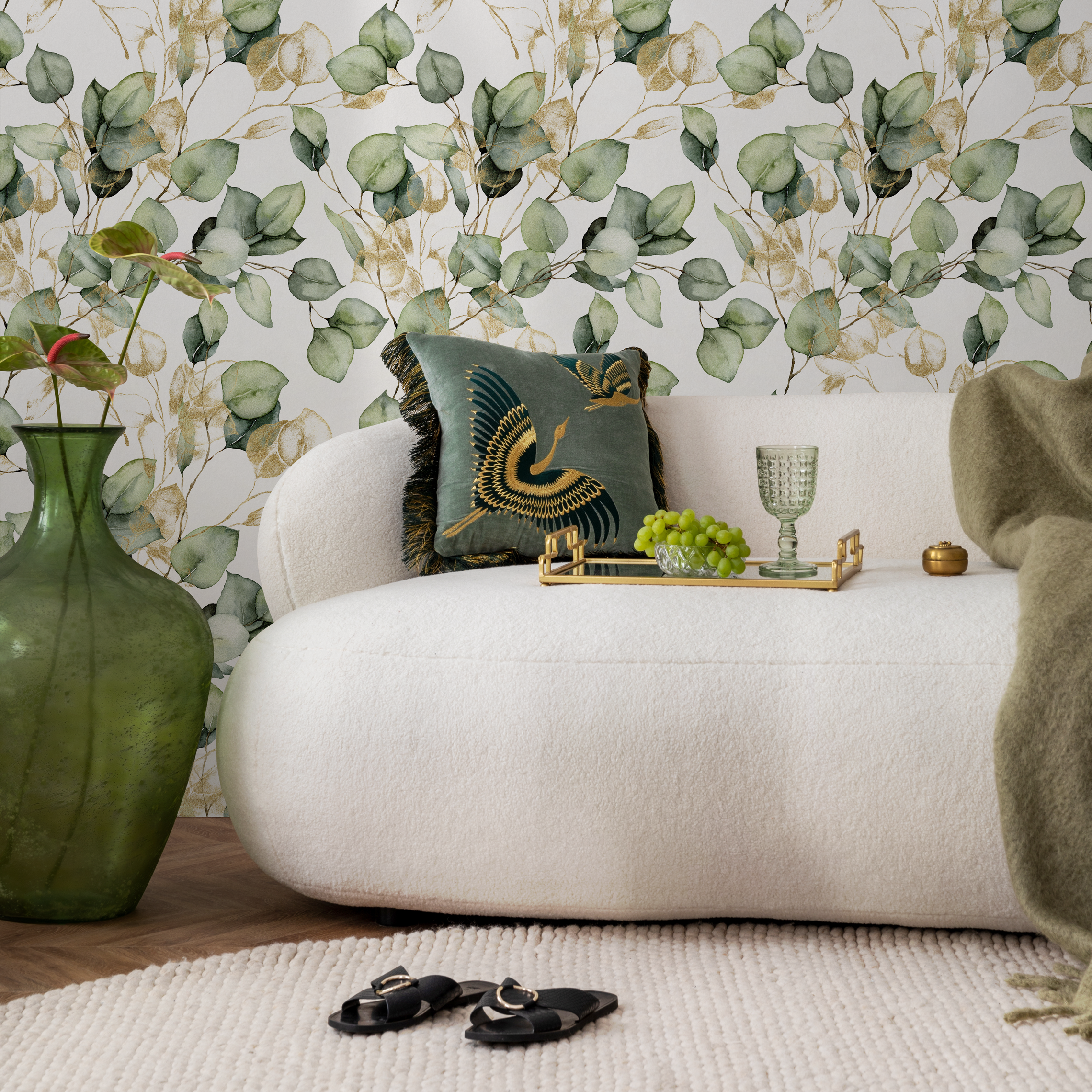 Botanical Wallpaper With Watercolor Eucalyptus Branches In Green And Gold - C410