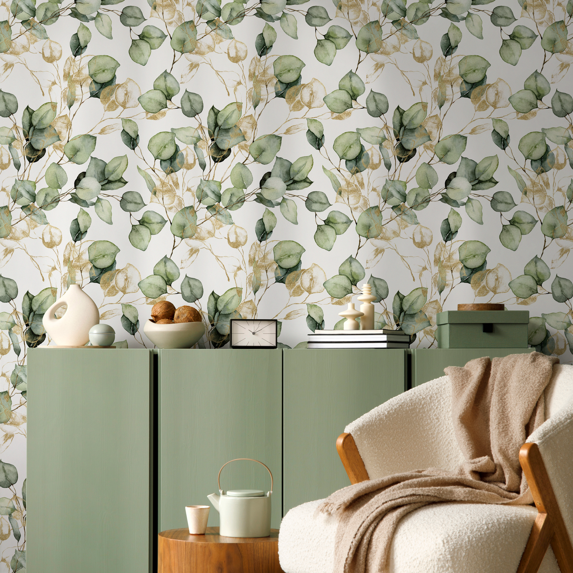 Botanical Wallpaper With Watercolor Eucalyptus Branches In Green And Gold - C410