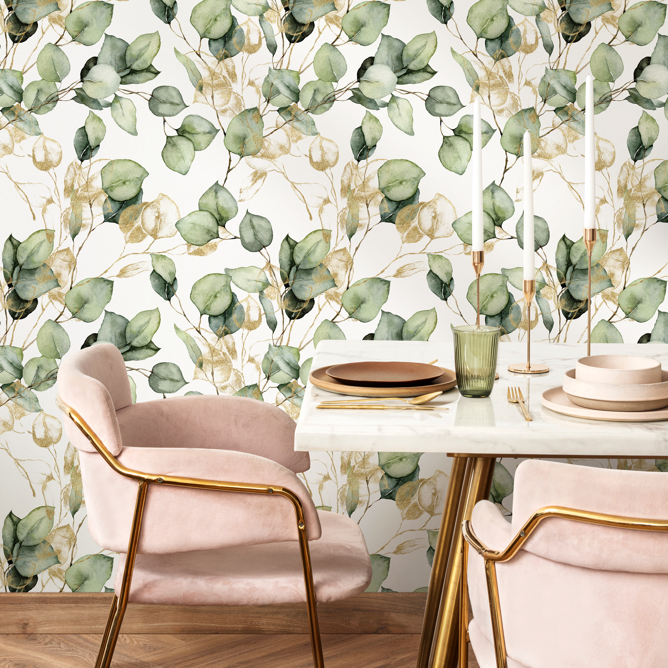 Botanical Wallpaper With Watercolor Eucalyptus Branches In Green And Gold - C410