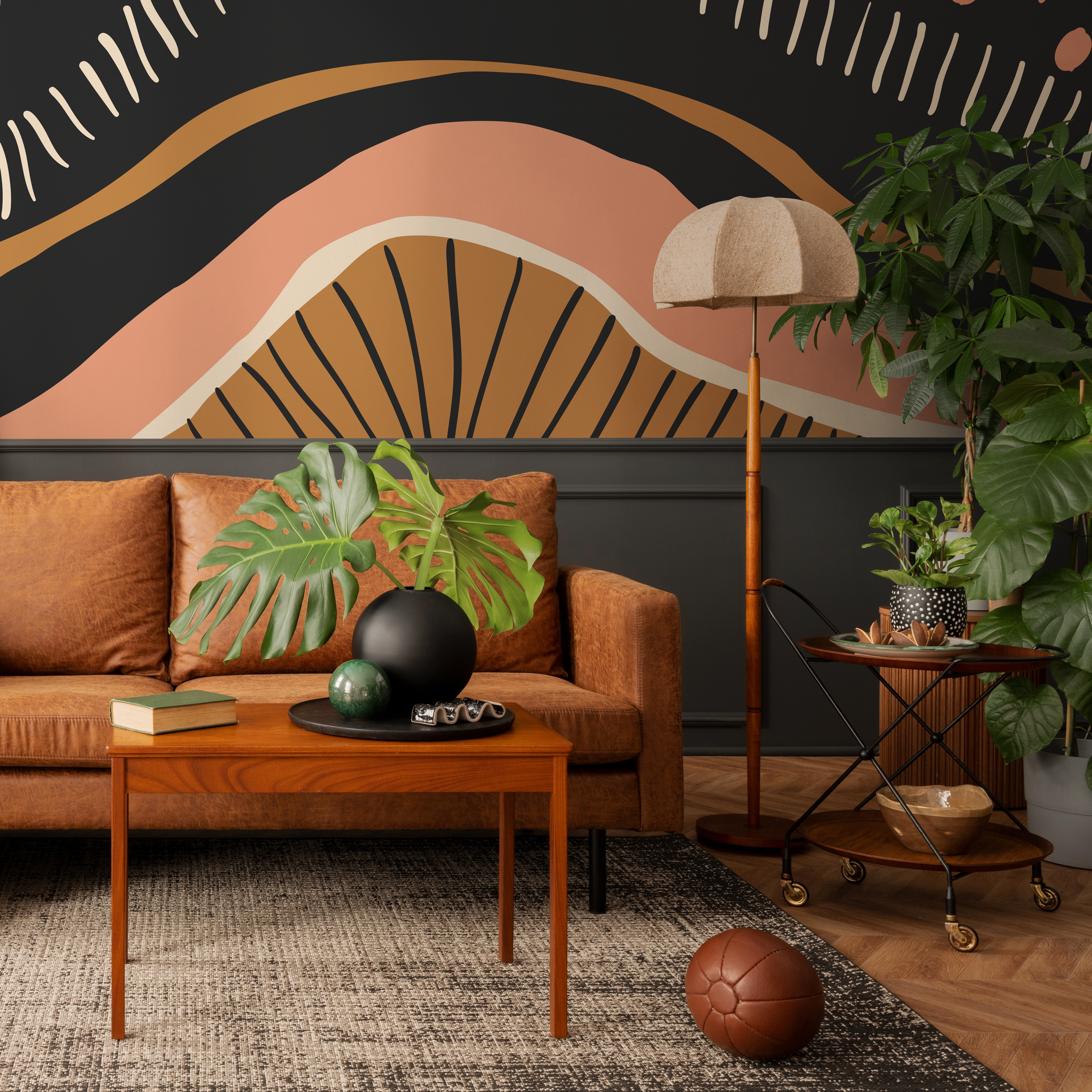 Abstract Wallpaper With Organic Shapes And Lines In Black, Terracotta, And Gold - C412