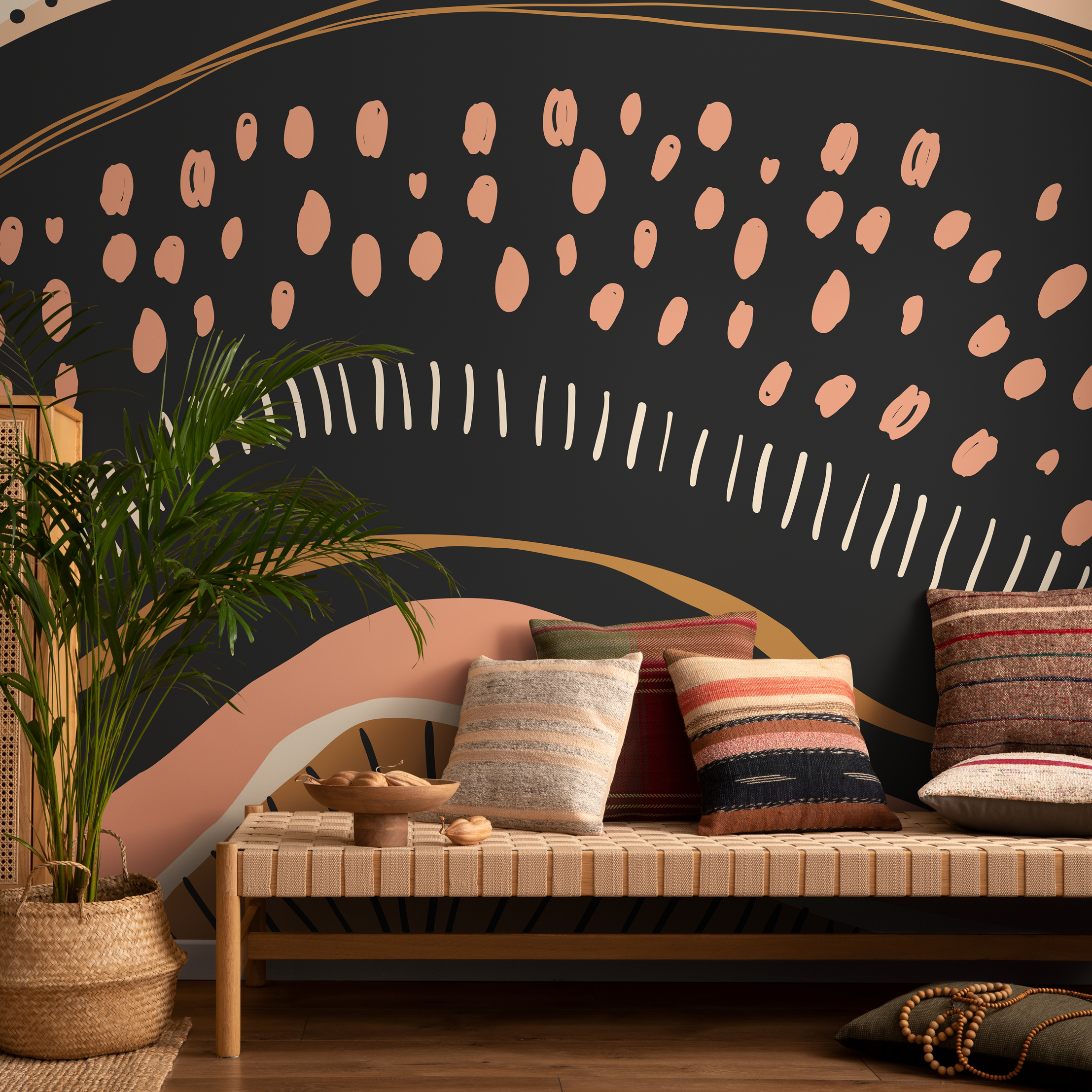 Abstract Wallpaper With Organic Shapes And Lines In Black, Terracotta, And Gold - C412