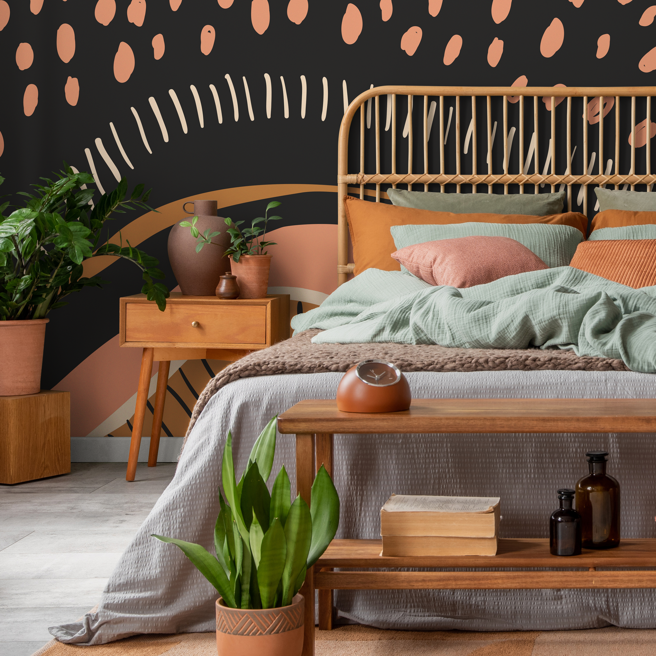 Abstract Wallpaper With Organic Shapes And Lines In Black, Terracotta, And Gold - C412