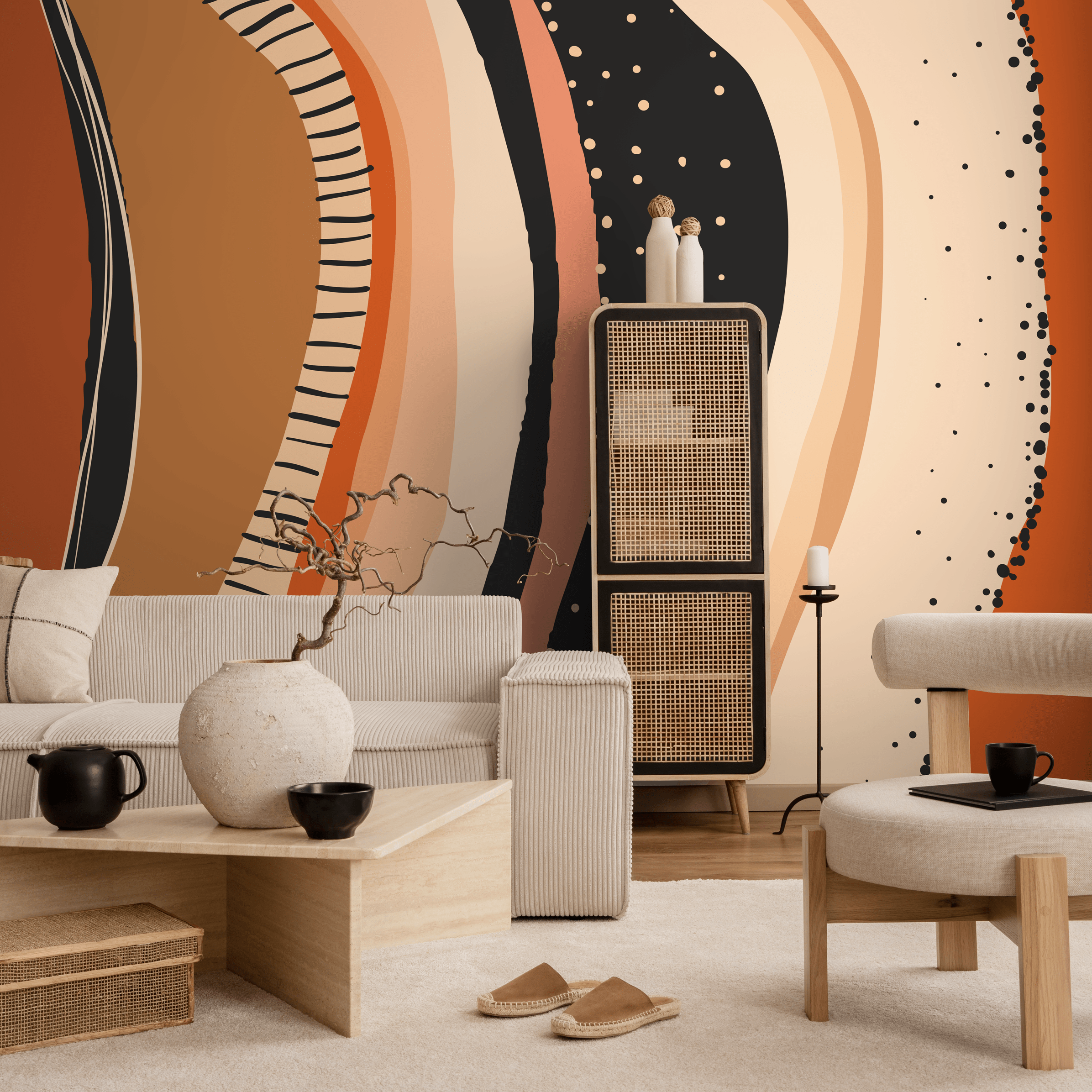 Abstract Wallpaper With Organic Shapes In Orange, Black, And Beige - C414