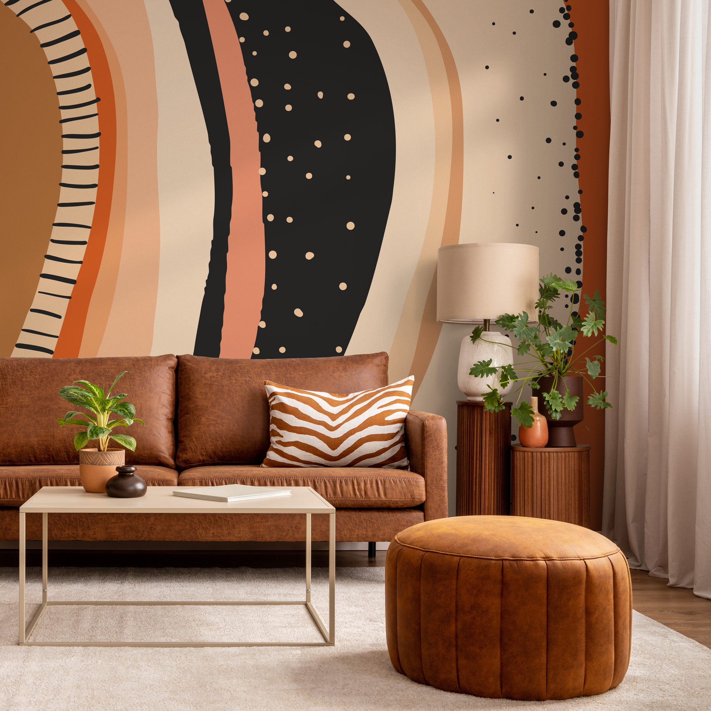 Abstract Wallpaper With Organic Shapes In Orange, Black, And Beige - C414