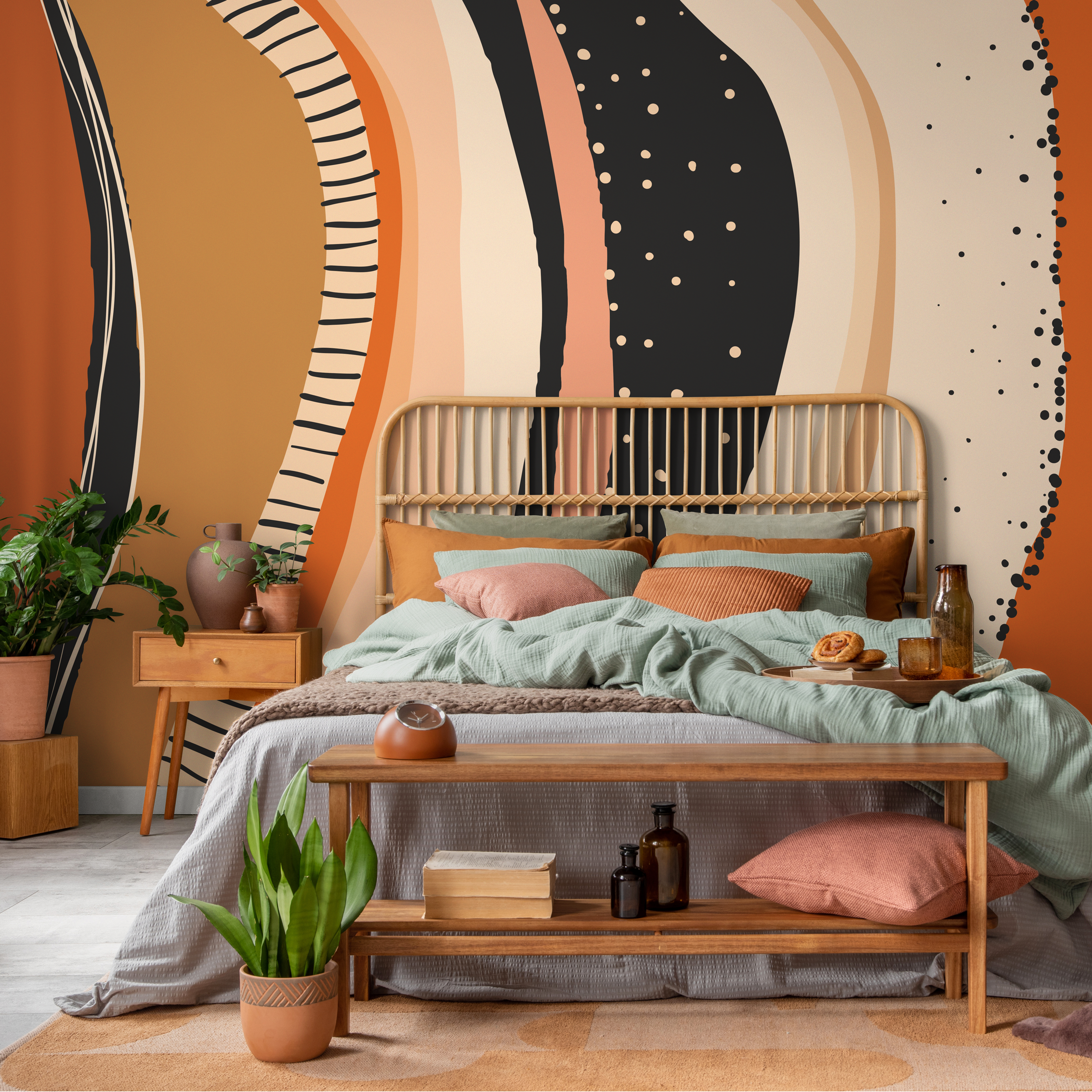Abstract Wallpaper With Organic Shapes In Orange, Black, And Beige - C414