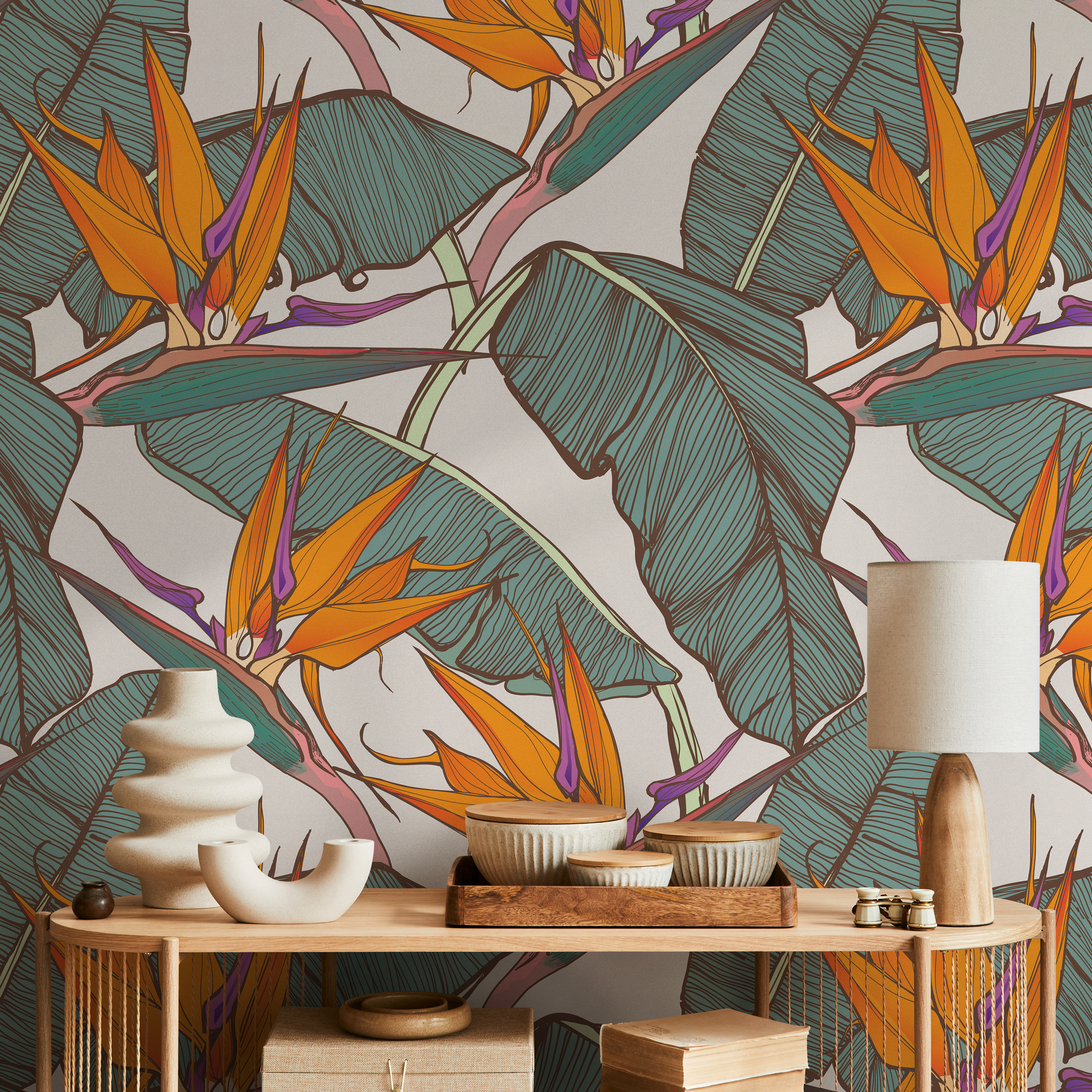 Tropical Wallpaper With Bird Of Paradise Flowers In Orange, Teal, And Purple - C416