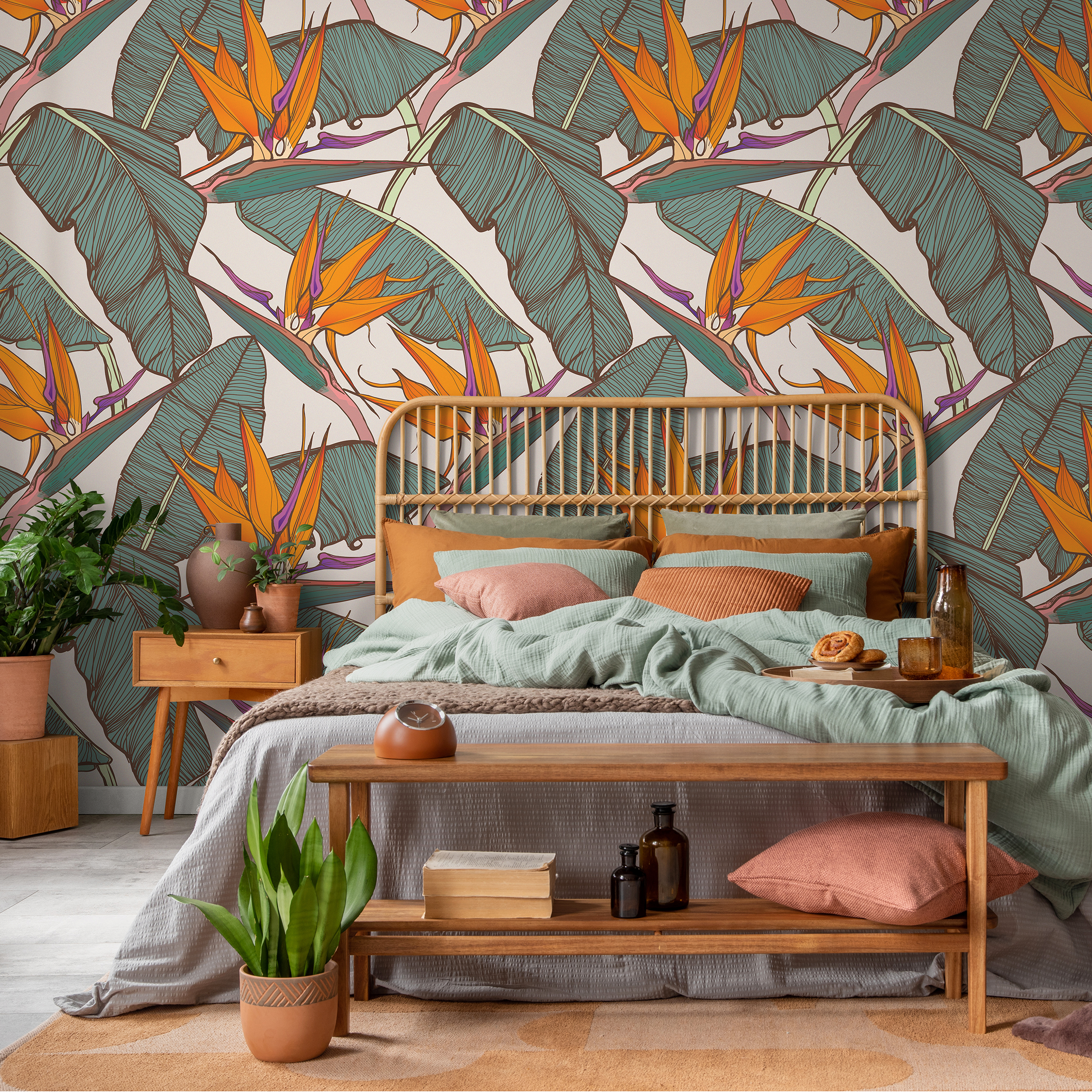 Tropical Wallpaper With Bird Of Paradise Flowers In Orange, Teal, And Purple - C416