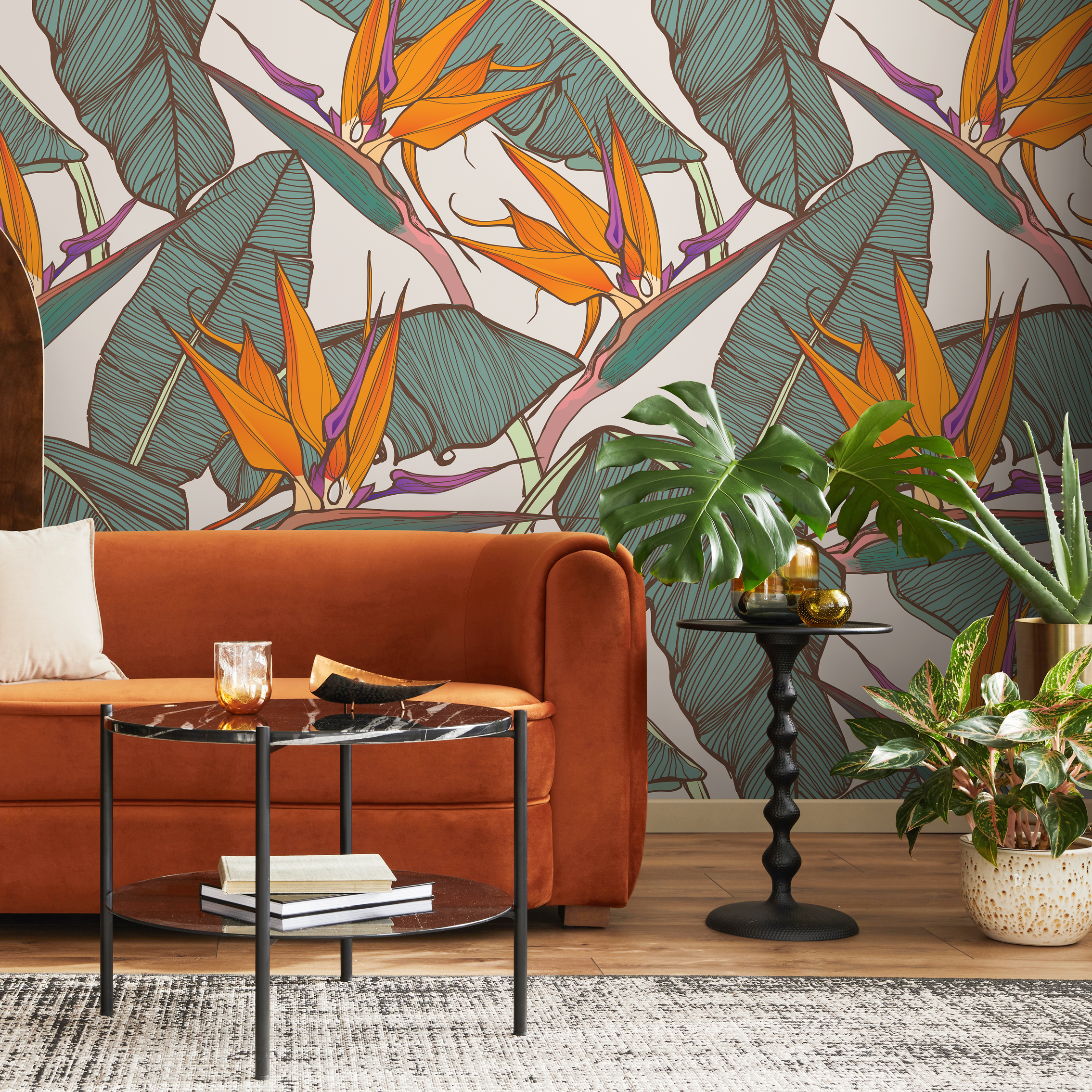 Tropical Wallpaper With Bird Of Paradise Flowers In Orange, Teal, And Purple - C416