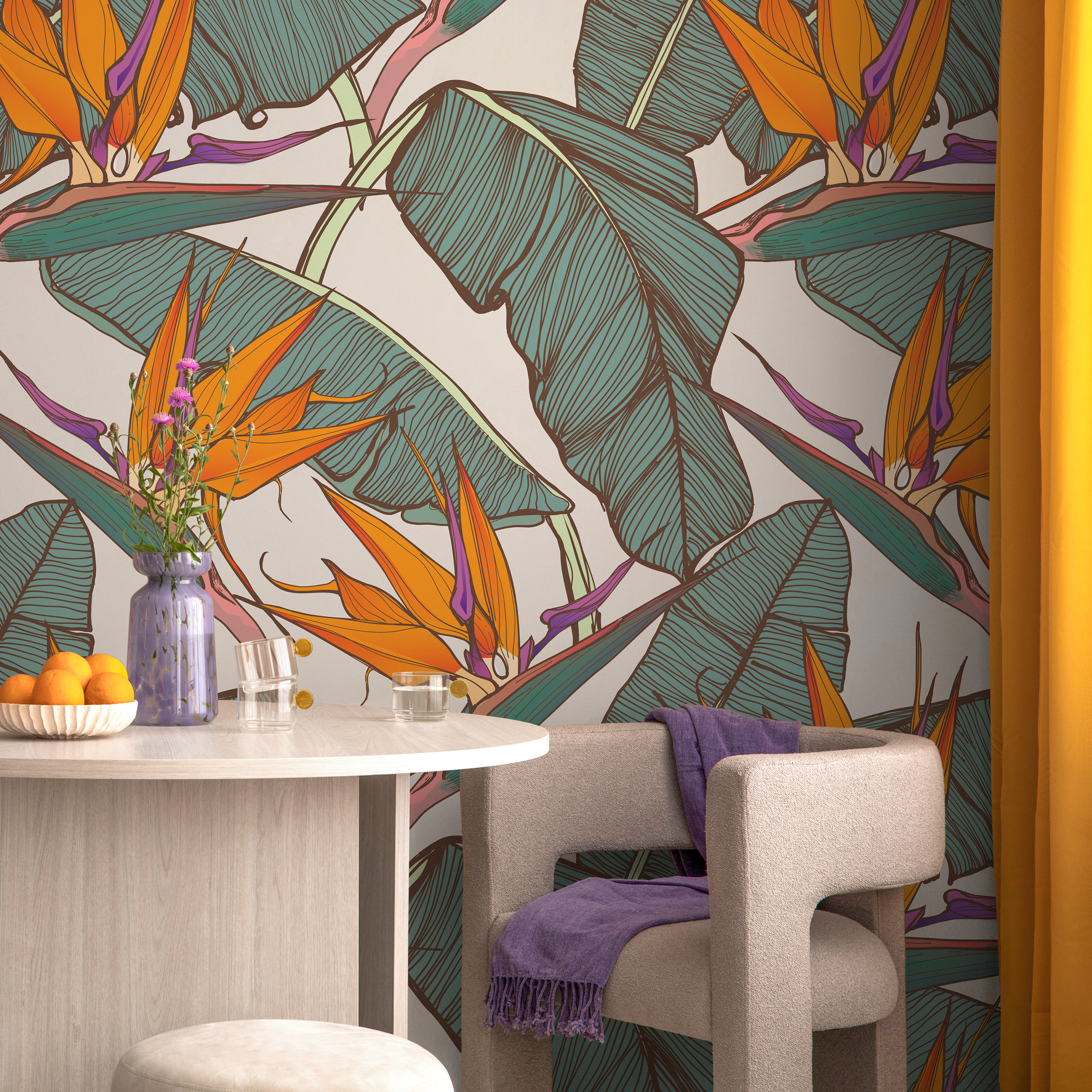 Tropical Wallpaper With Bird Of Paradise Flowers In Orange, Teal, And Purple - C416