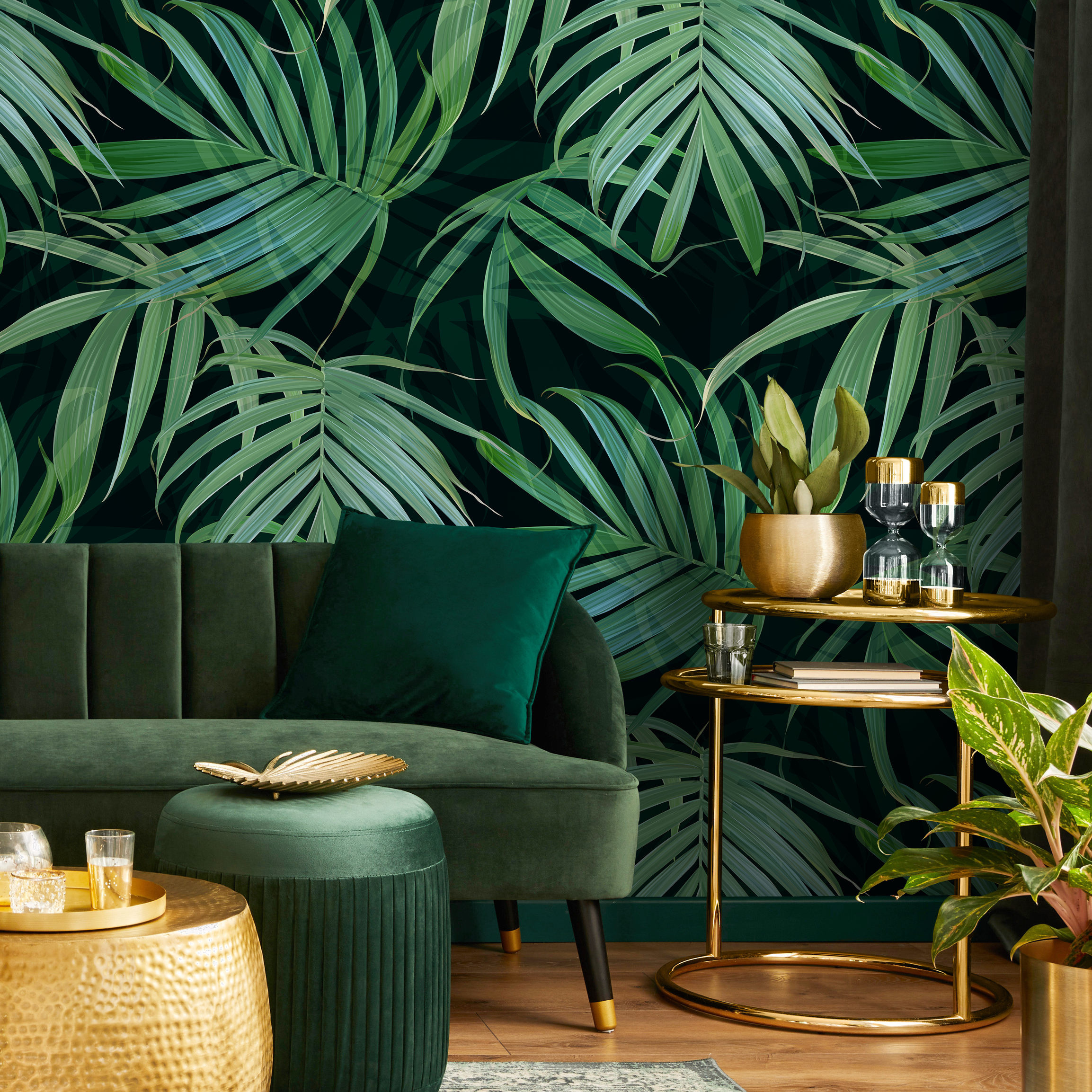 Tropical Wallpaper With Layered Palm Leaves In Green And Black - C417