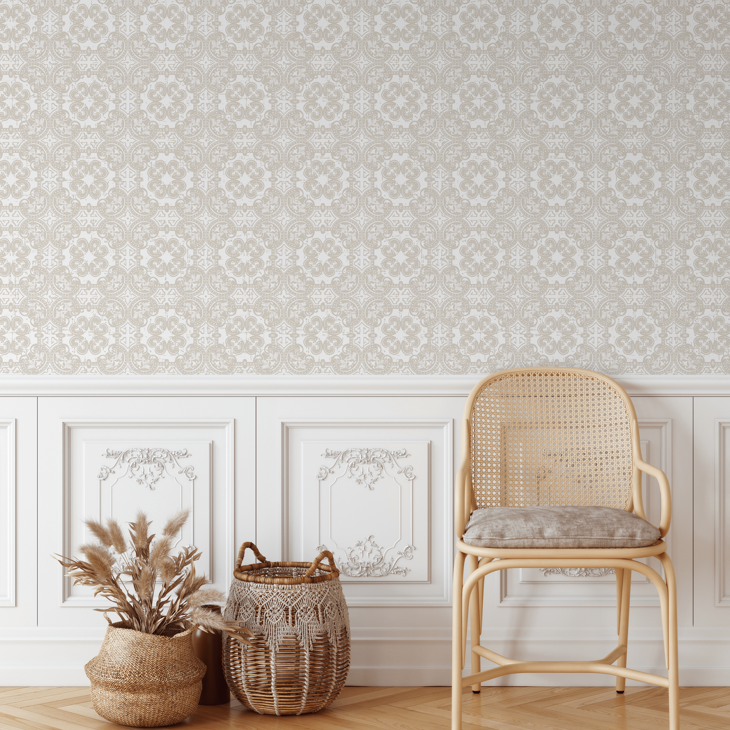Damask Wallpaper With An Intricate Medallion Motif In Beige And Cream - C422
