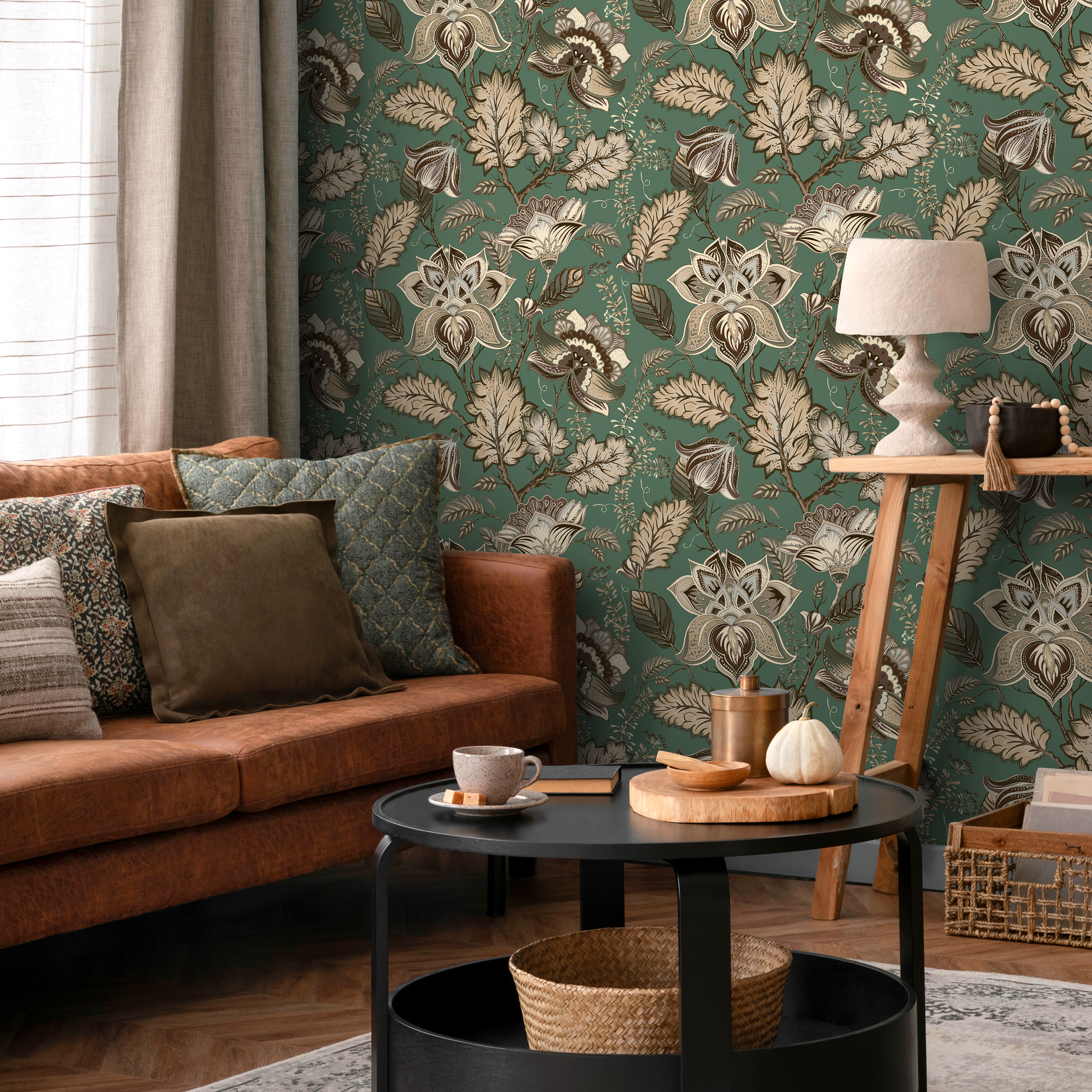 Floral Wallpaper With A Vintage Jacobean Motif In Green, Beige, And Brown - C423
