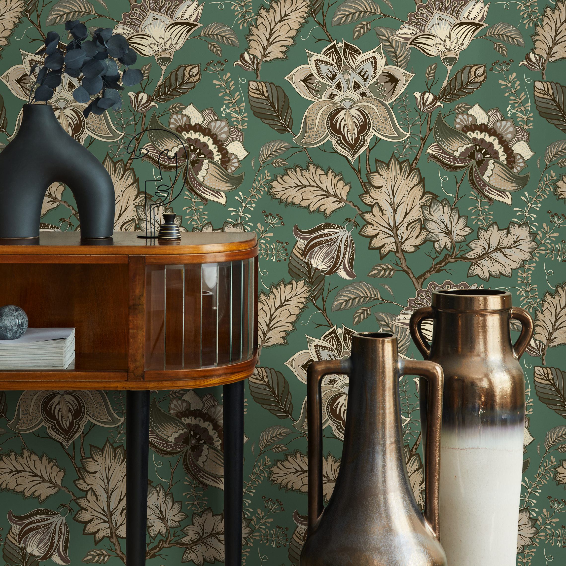 Floral Wallpaper With A Vintage Jacobean Motif In Green, Beige, And Brown - C423