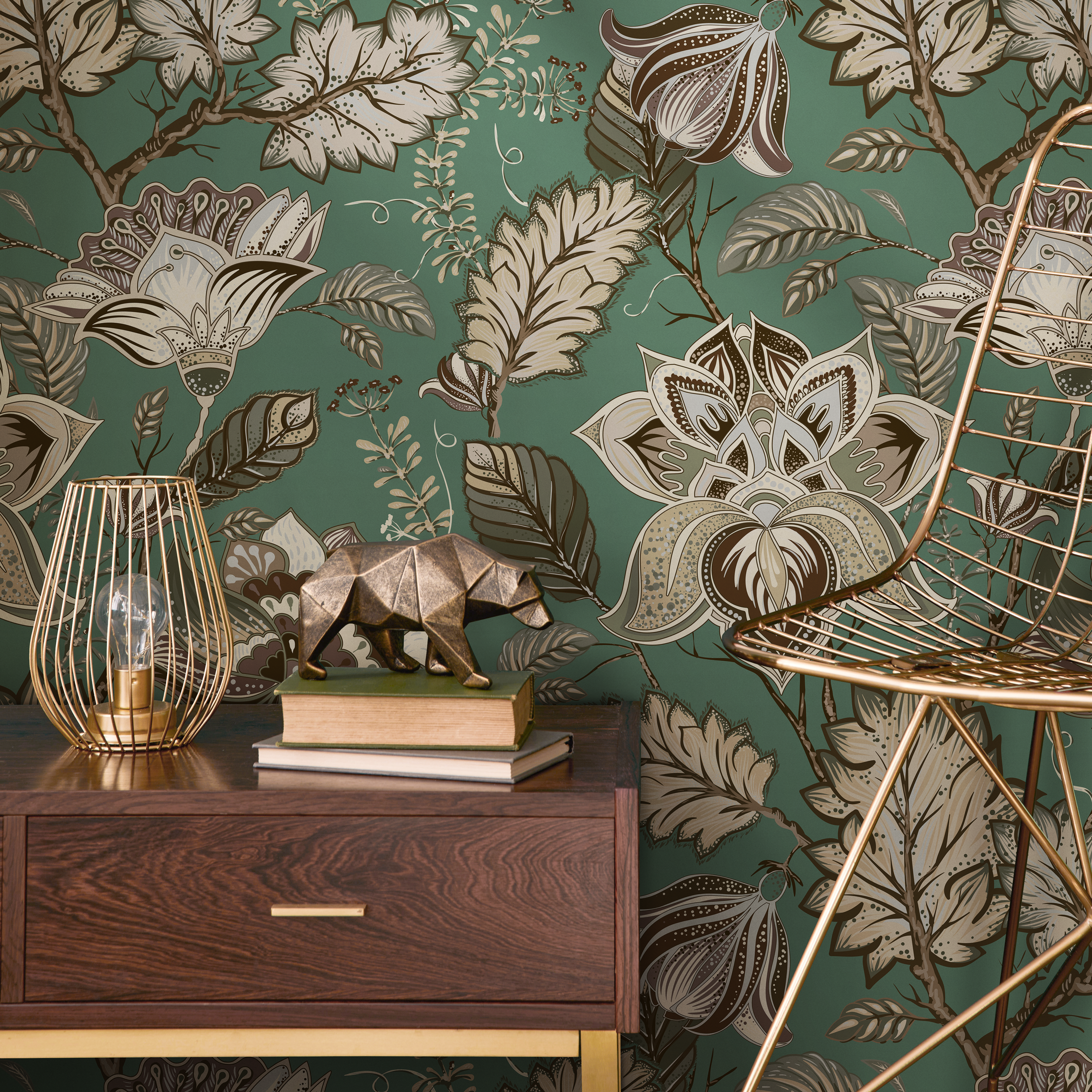 Floral Wallpaper With A Vintage Jacobean Motif In Green, Beige, And Brown - C423