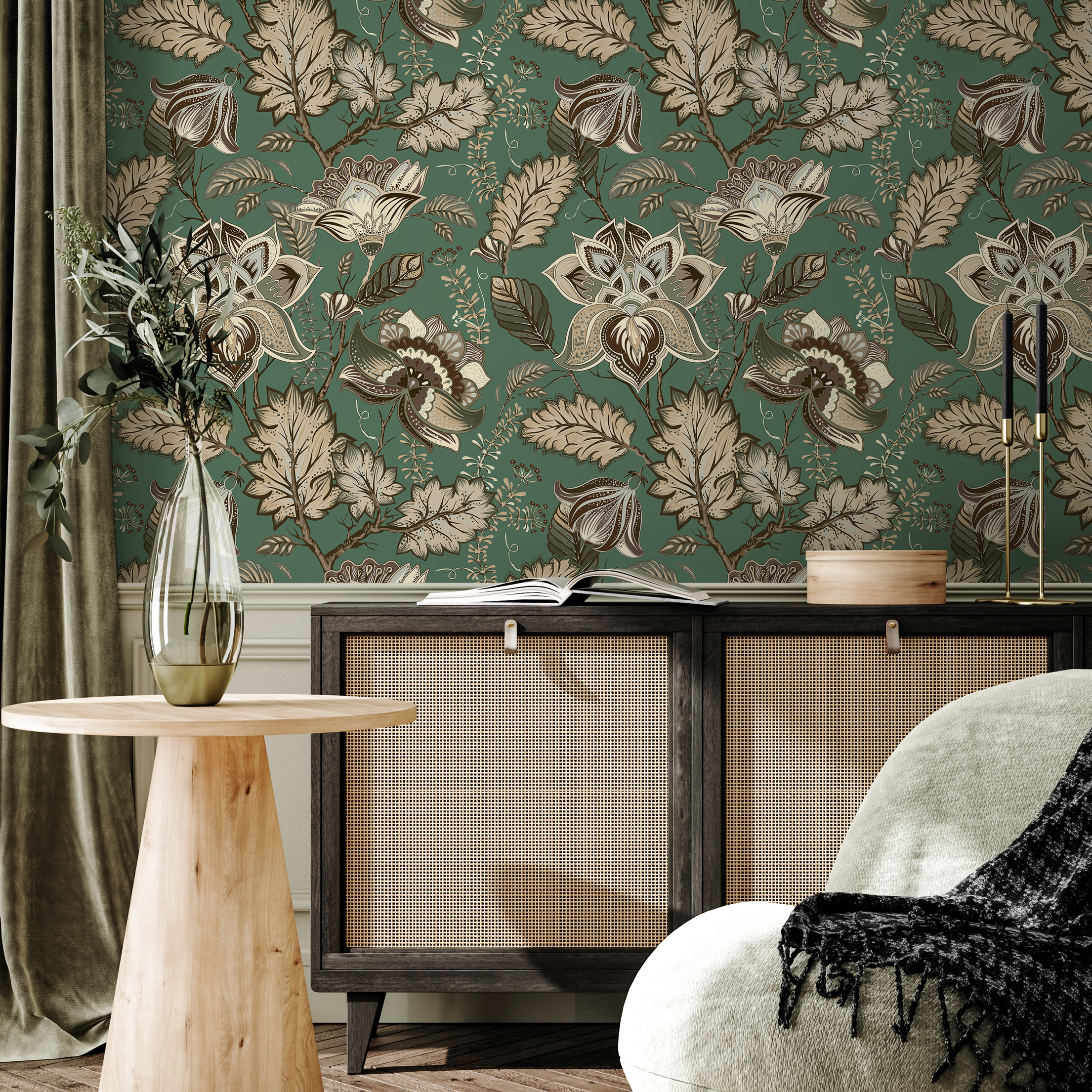 Floral Wallpaper With A Vintage Jacobean Motif In Green, Beige, And Brown - C423