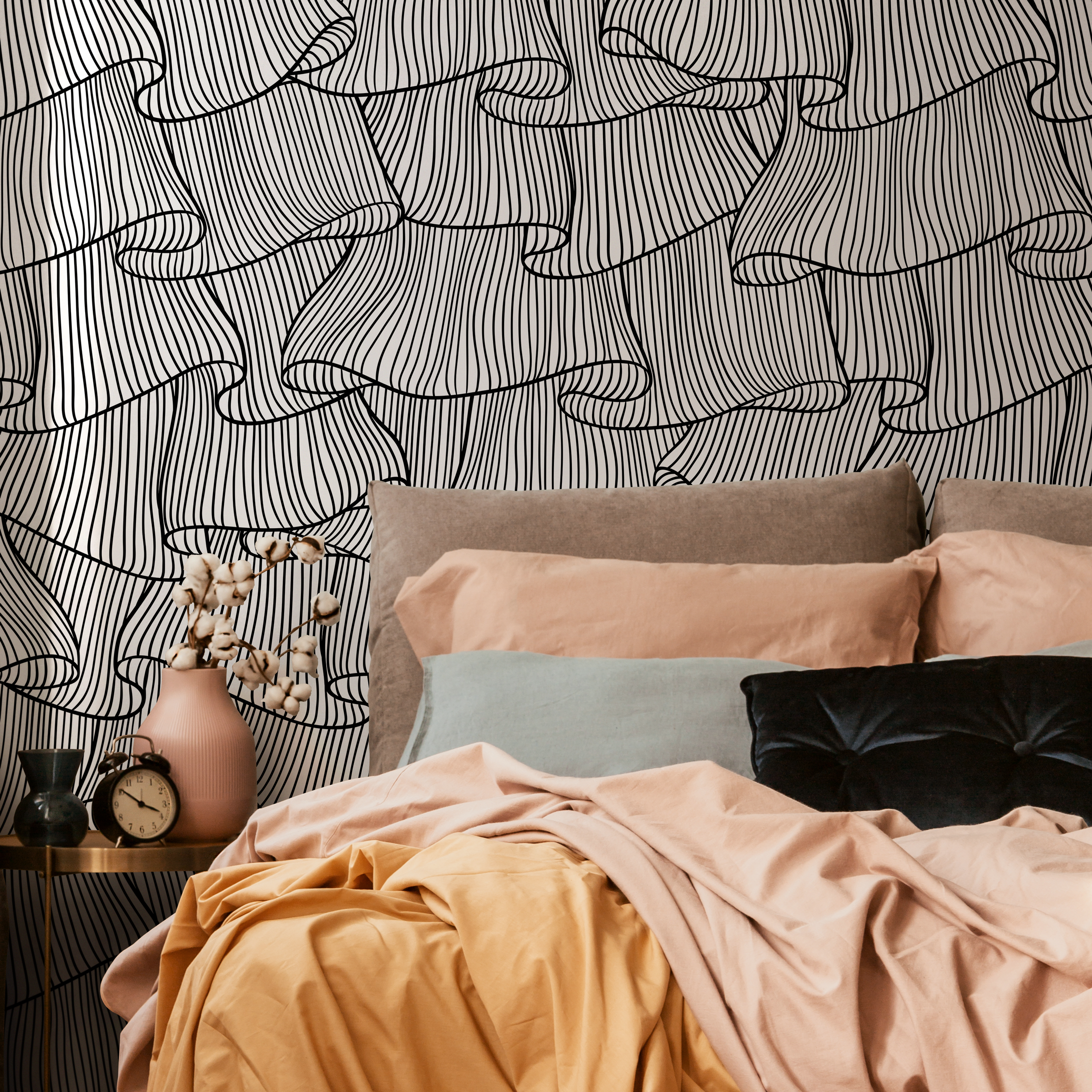 Abstract Wallpaper With Flowing Wavy Lines In Black And White - C424