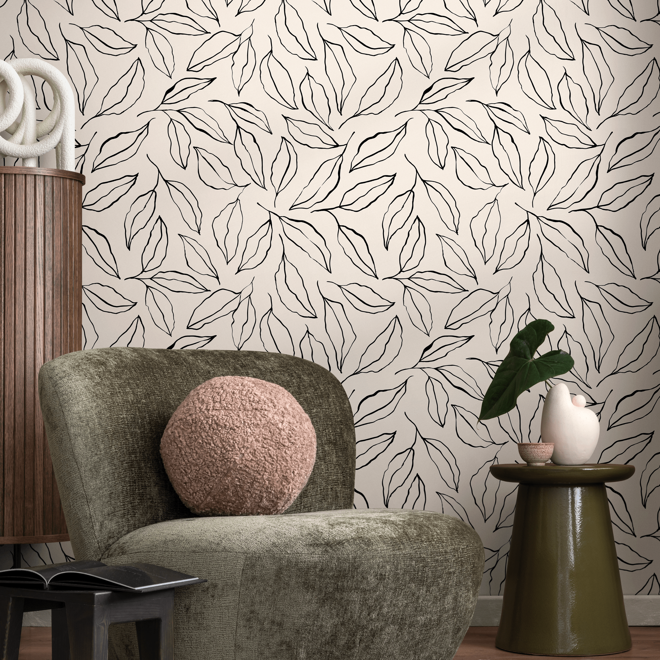 Botanical Wallpaper With A Hand-drawn Leaf Motif In Black And Beige - C425