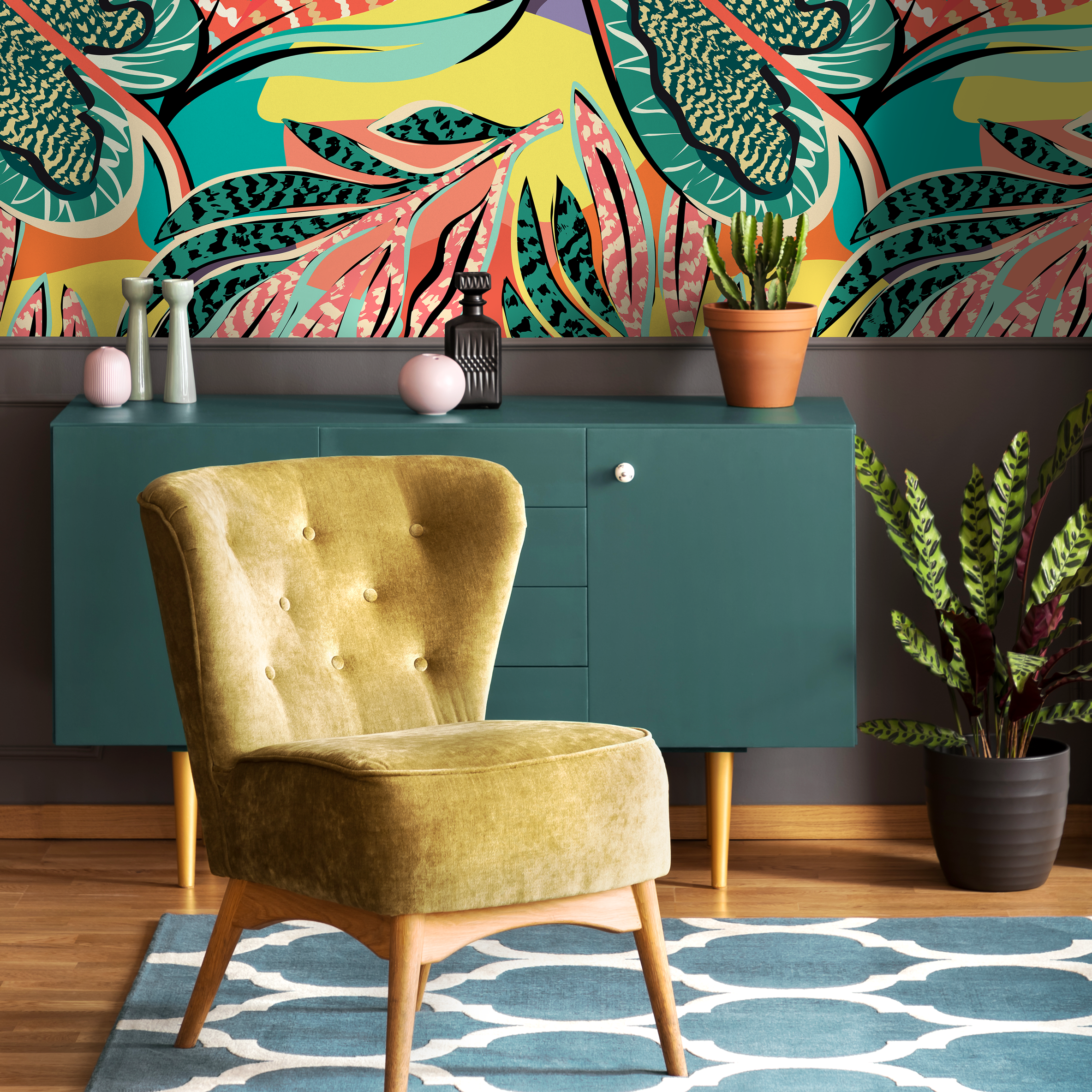 Abstract Wallpaper With Bold Tropical Leaves In Red, Teal, And Yellow - C426