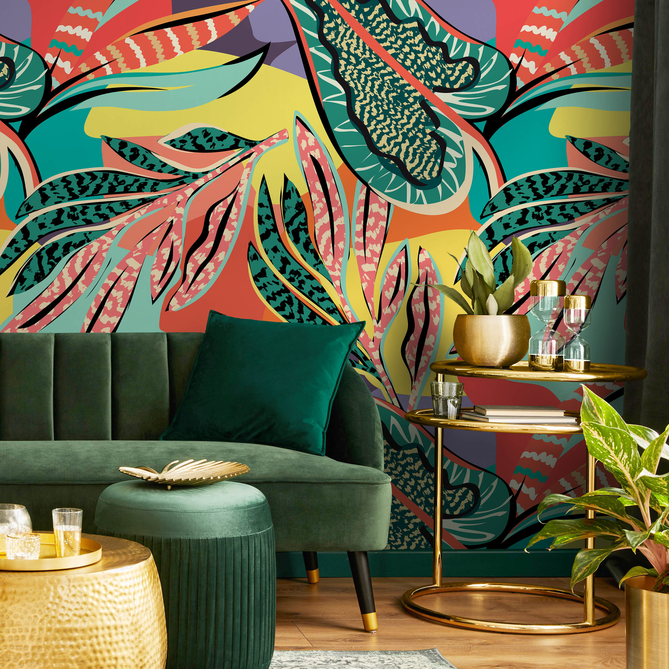 Abstract Wallpaper With Bold Tropical Leaves In Red, Teal, And Yellow - C426