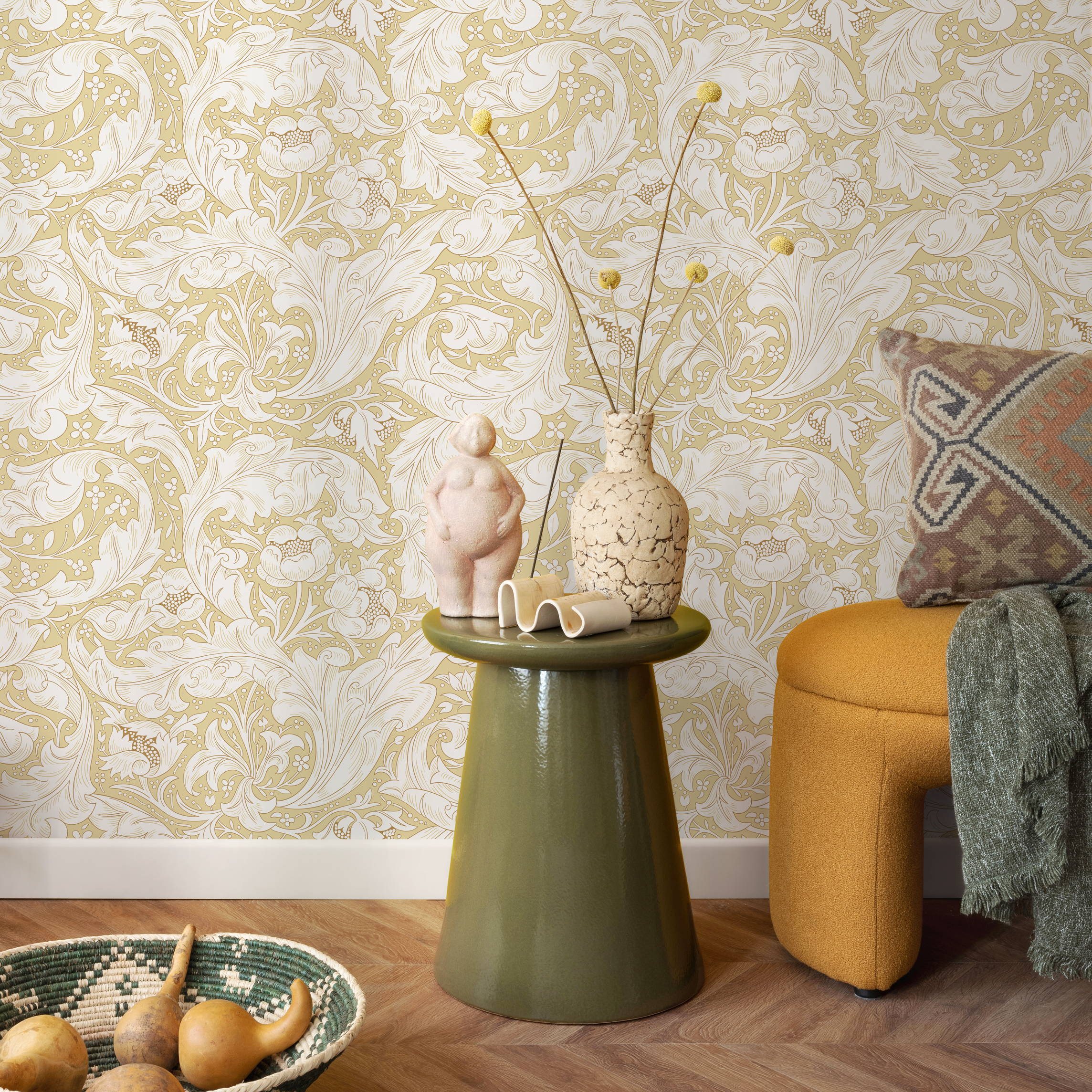 Art Nouveau Wallpaper With Intricate Floral Motifs In Yellow And Cream - C428