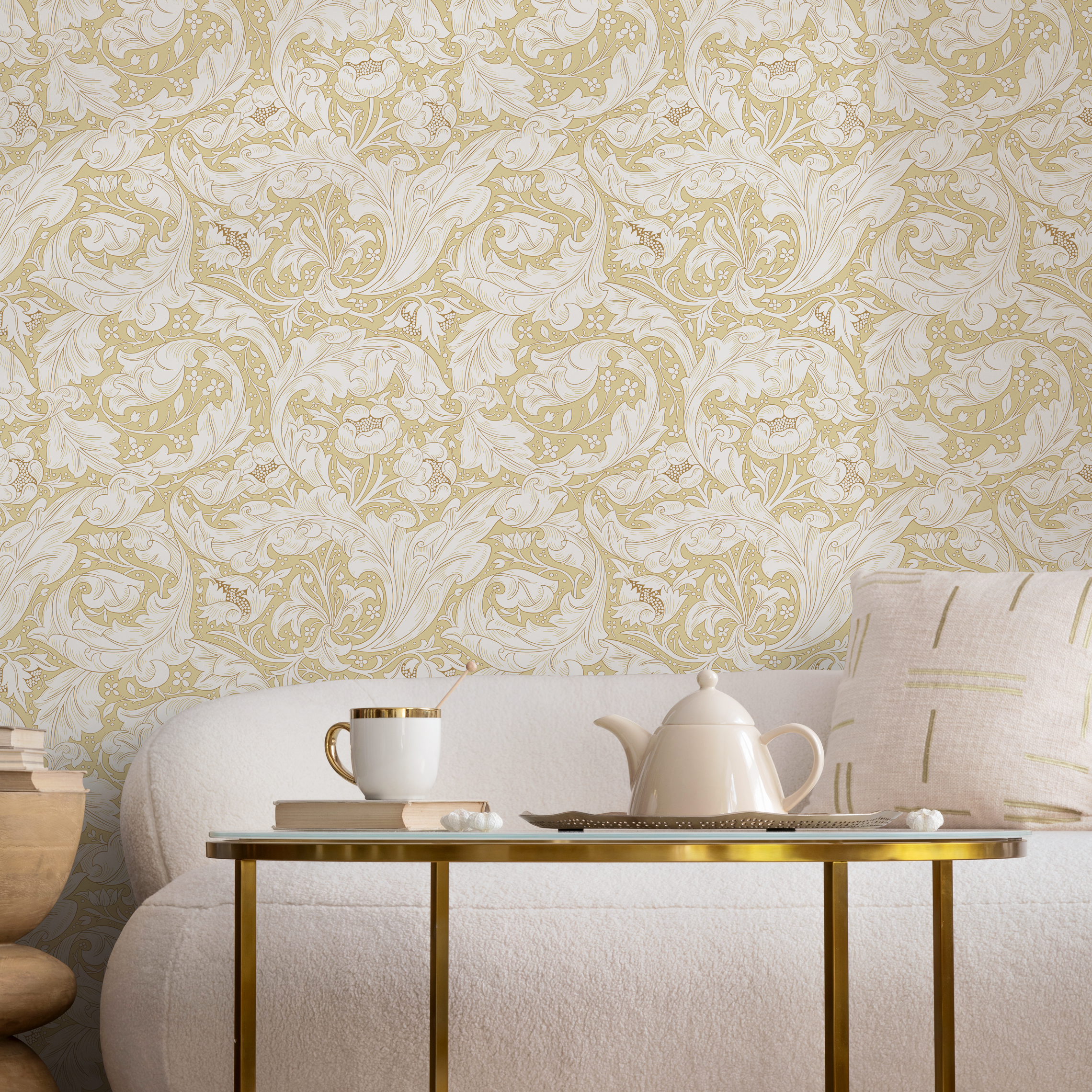 Art Nouveau Wallpaper With Intricate Floral Motifs In Yellow And Cream - C428