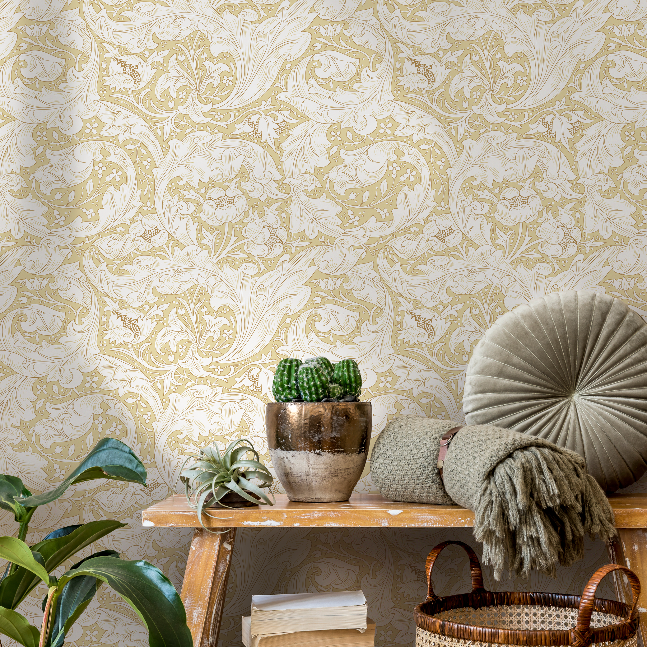 Art Nouveau Wallpaper With Intricate Floral Motifs In Yellow And Cream - C428