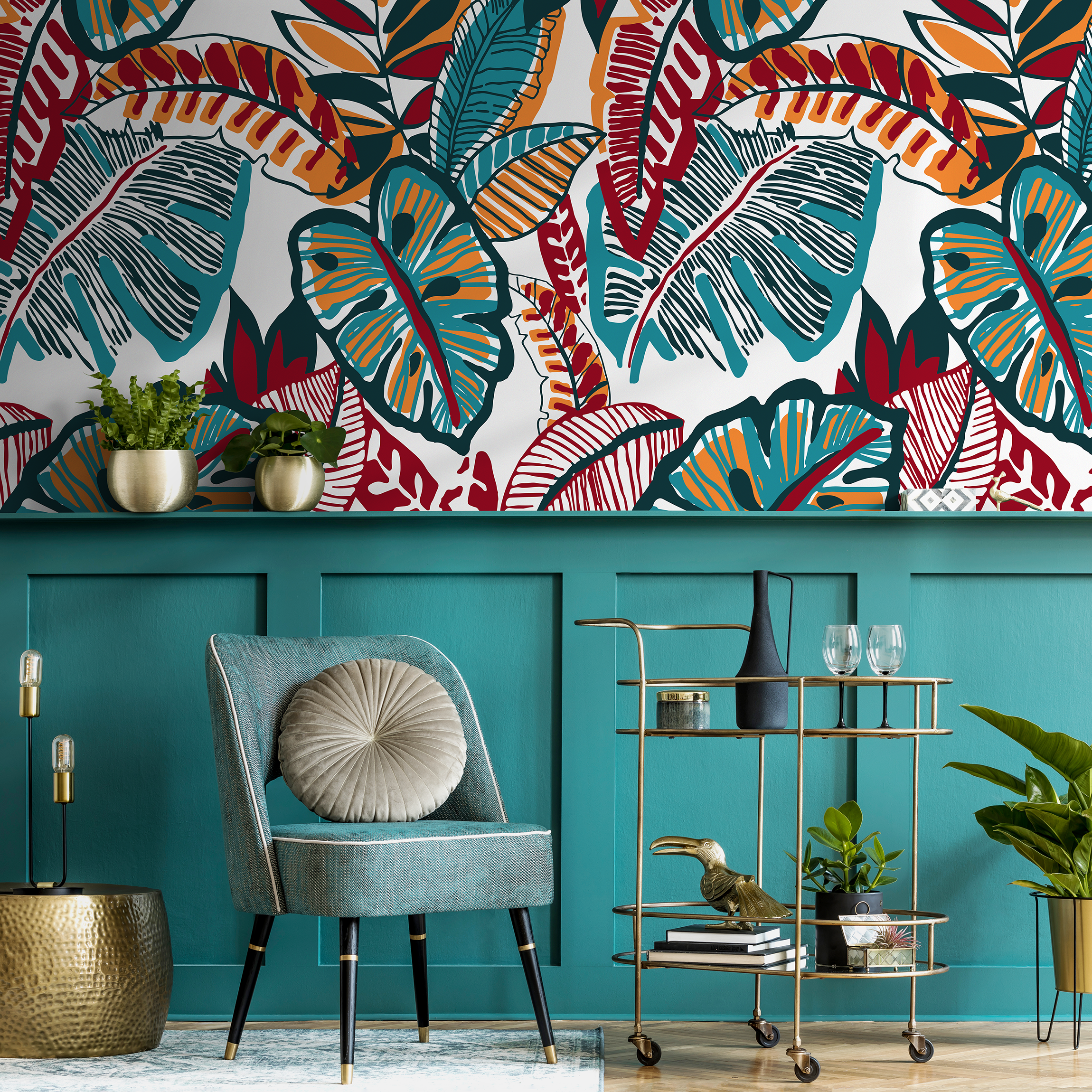 Botanical Wallpaper Featuring Stylized Leaves In Red, Teal, And Orange - C430