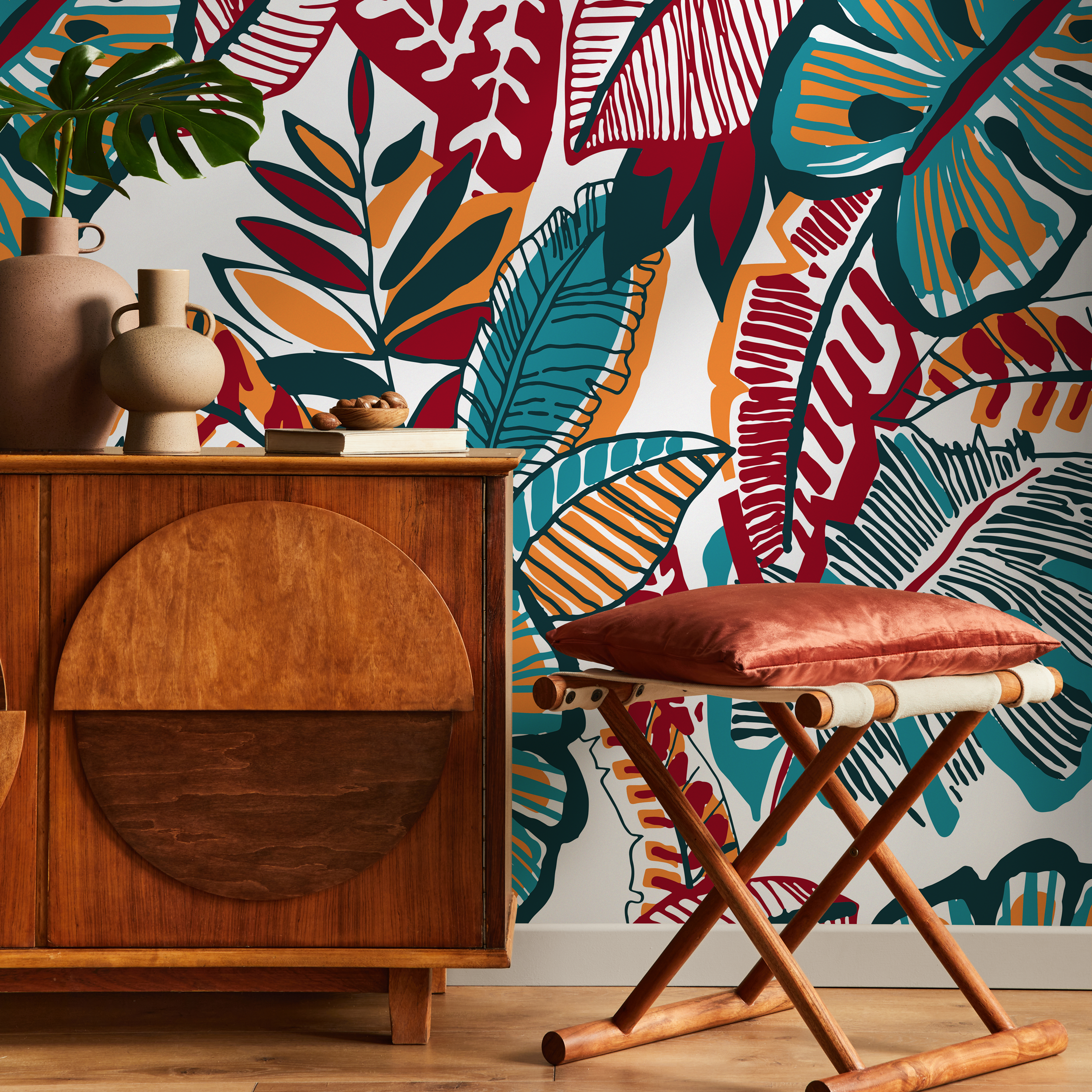 Botanical Wallpaper Featuring Stylized Leaves In Red, Teal, And Orange - C430