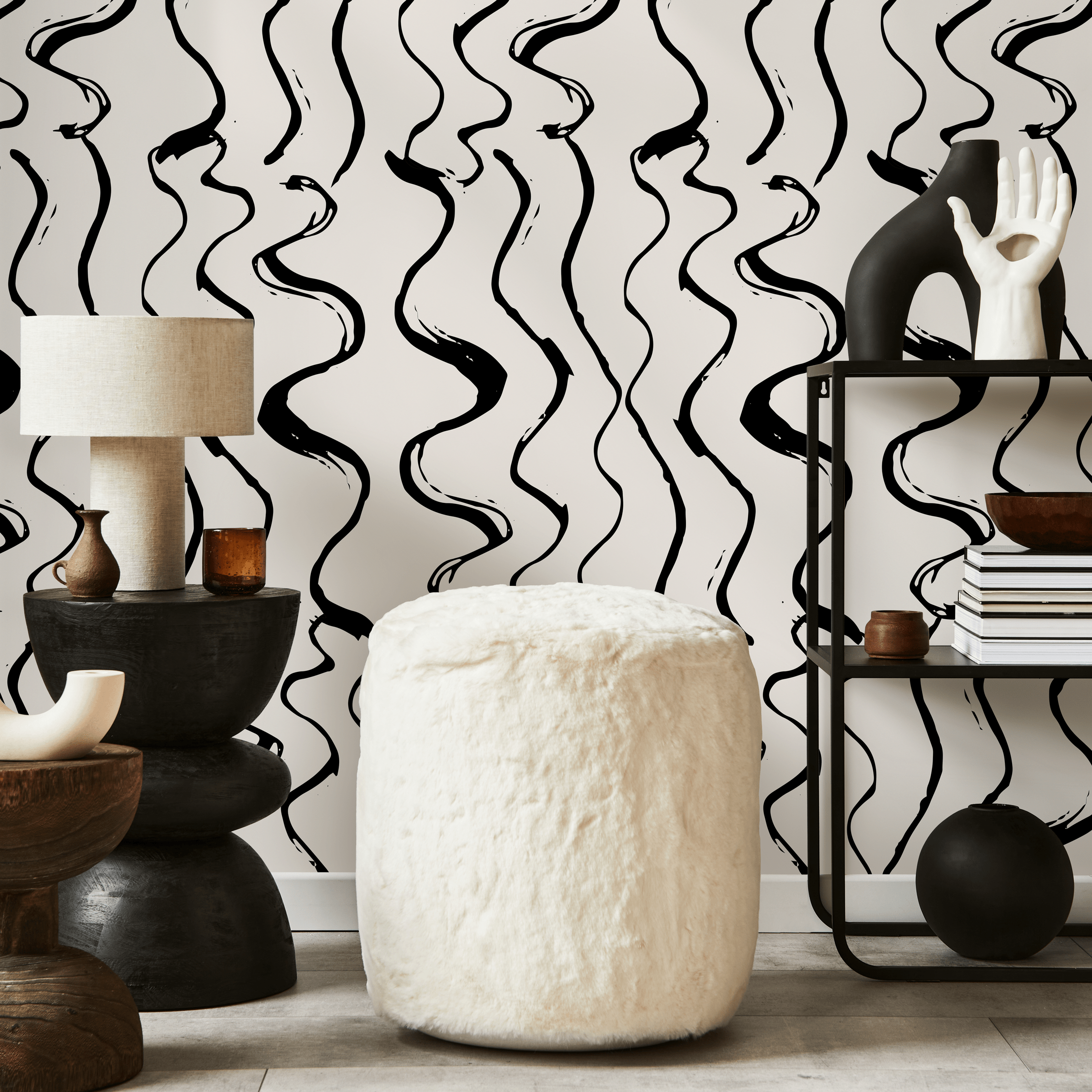 Abstract Wallpaper With Wavy Brush Stroke Lines In Black And White - C432