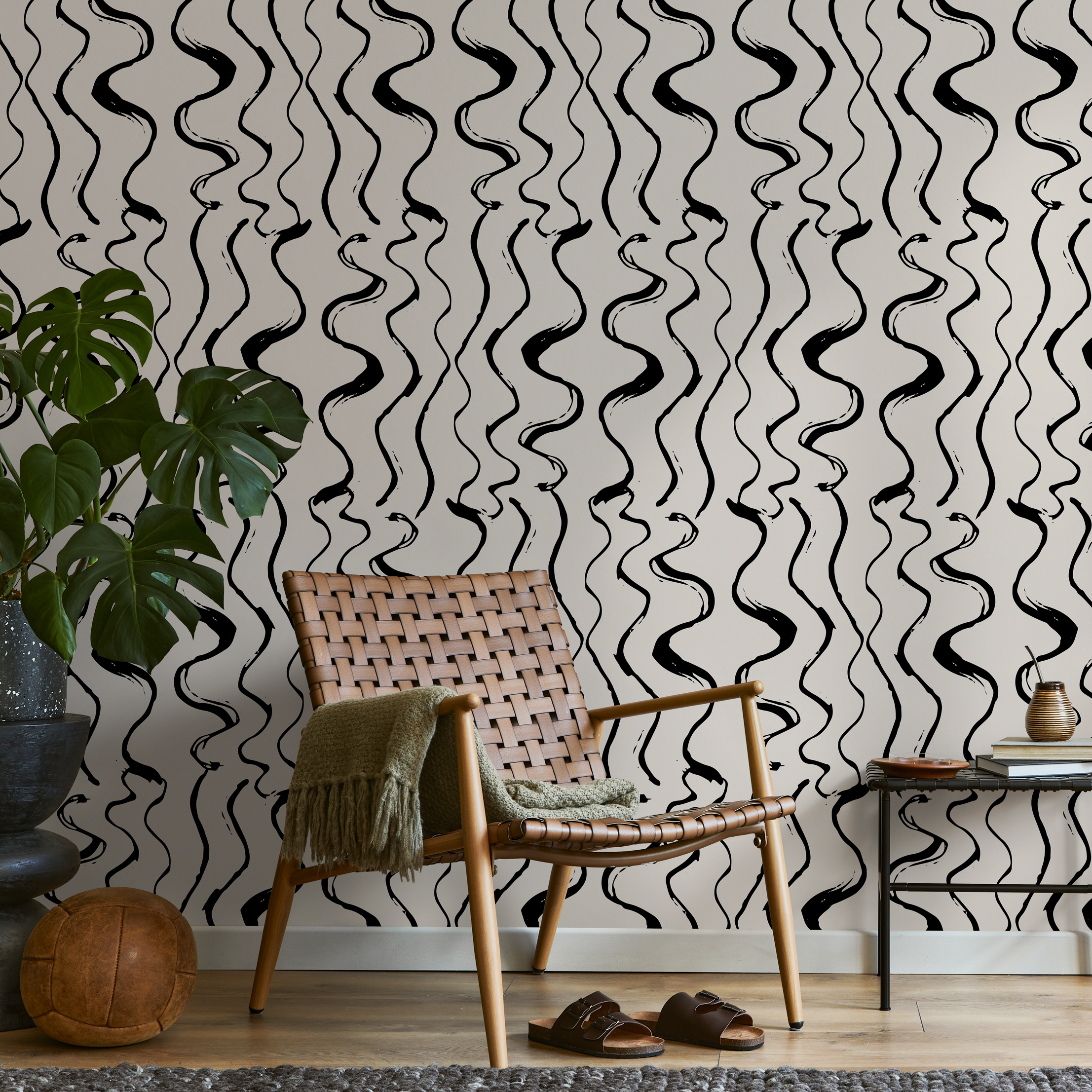 Abstract Wallpaper With Wavy Brush Stroke Lines In Black And White - C432