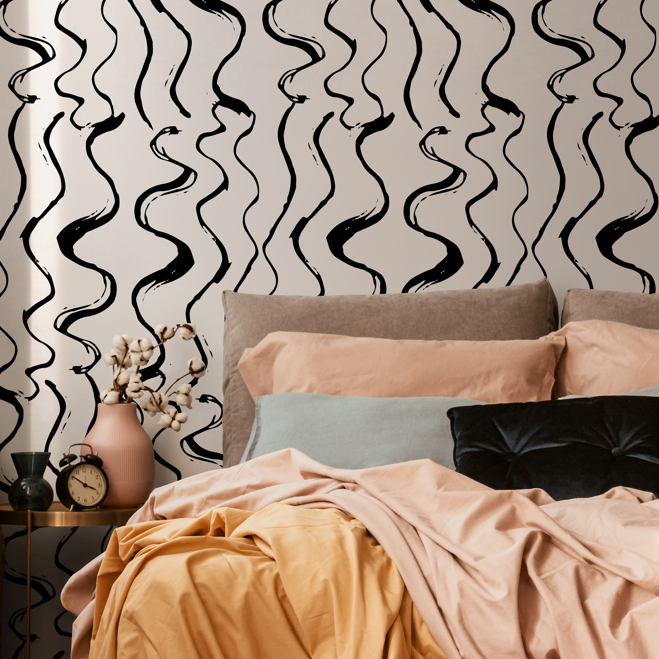 Abstract Wallpaper With Wavy Brush Stroke Lines In Black And White - C432