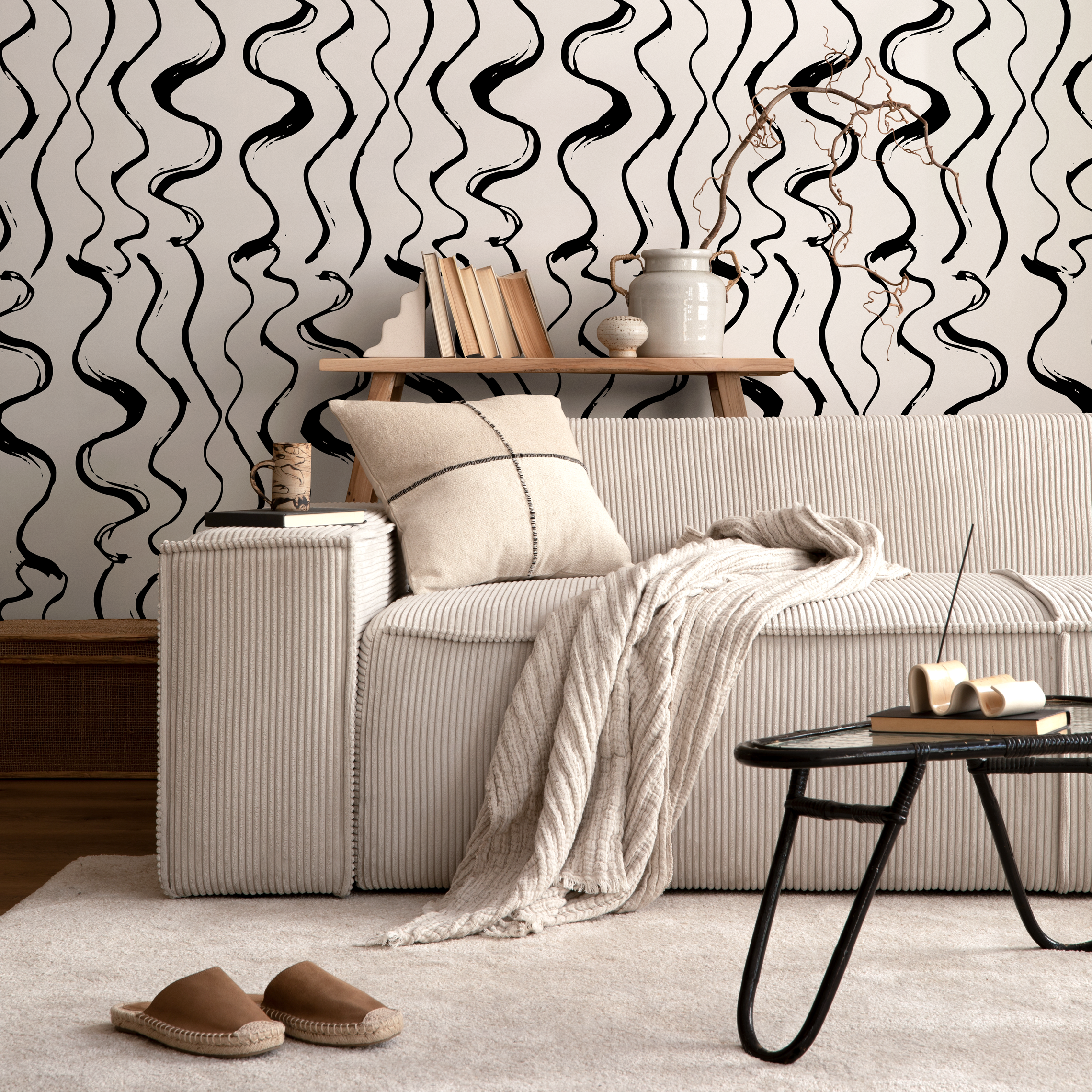 Abstract Wallpaper With Wavy Brush Stroke Lines In Black And White - C432