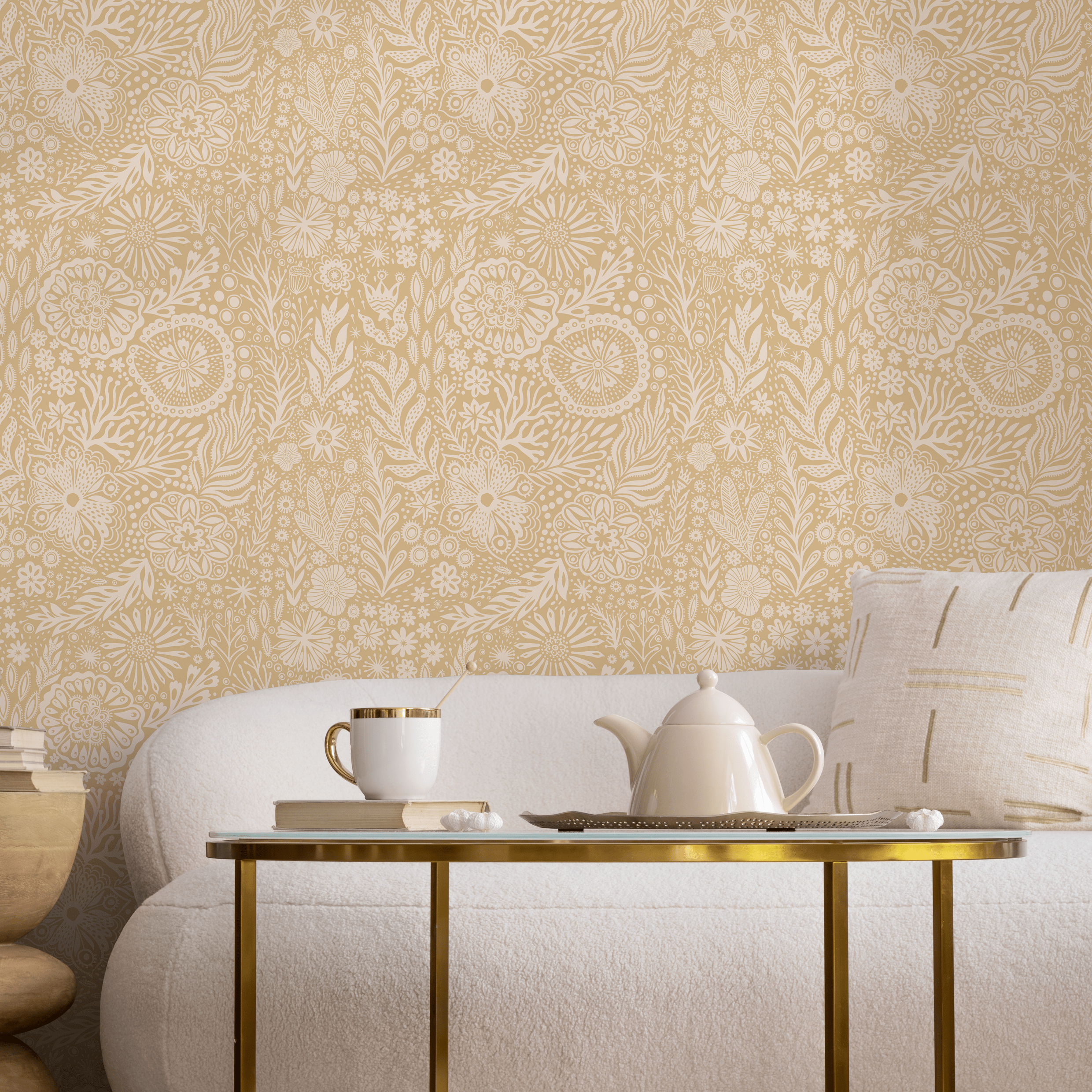 Floral Wallpaper With A Folk Art Motif In Yellow And White - C434