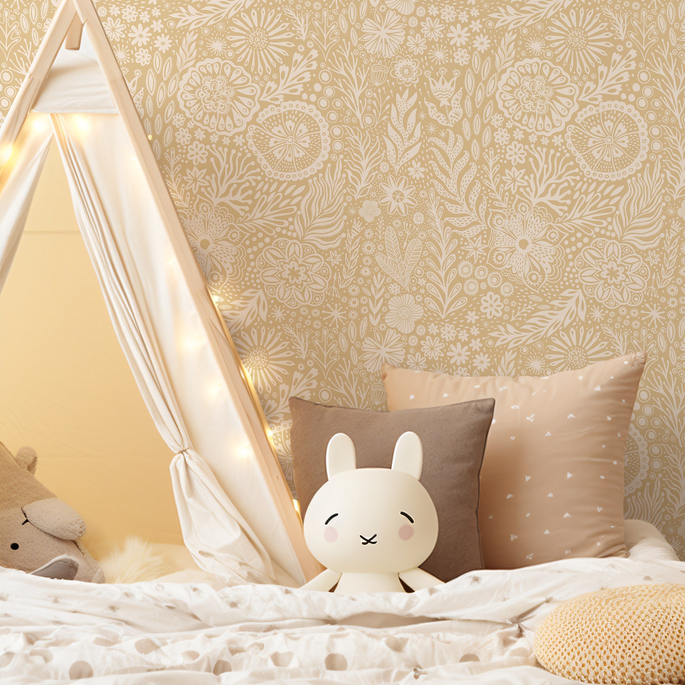 Floral Wallpaper With A Folk Art Motif In Yellow And White - C434