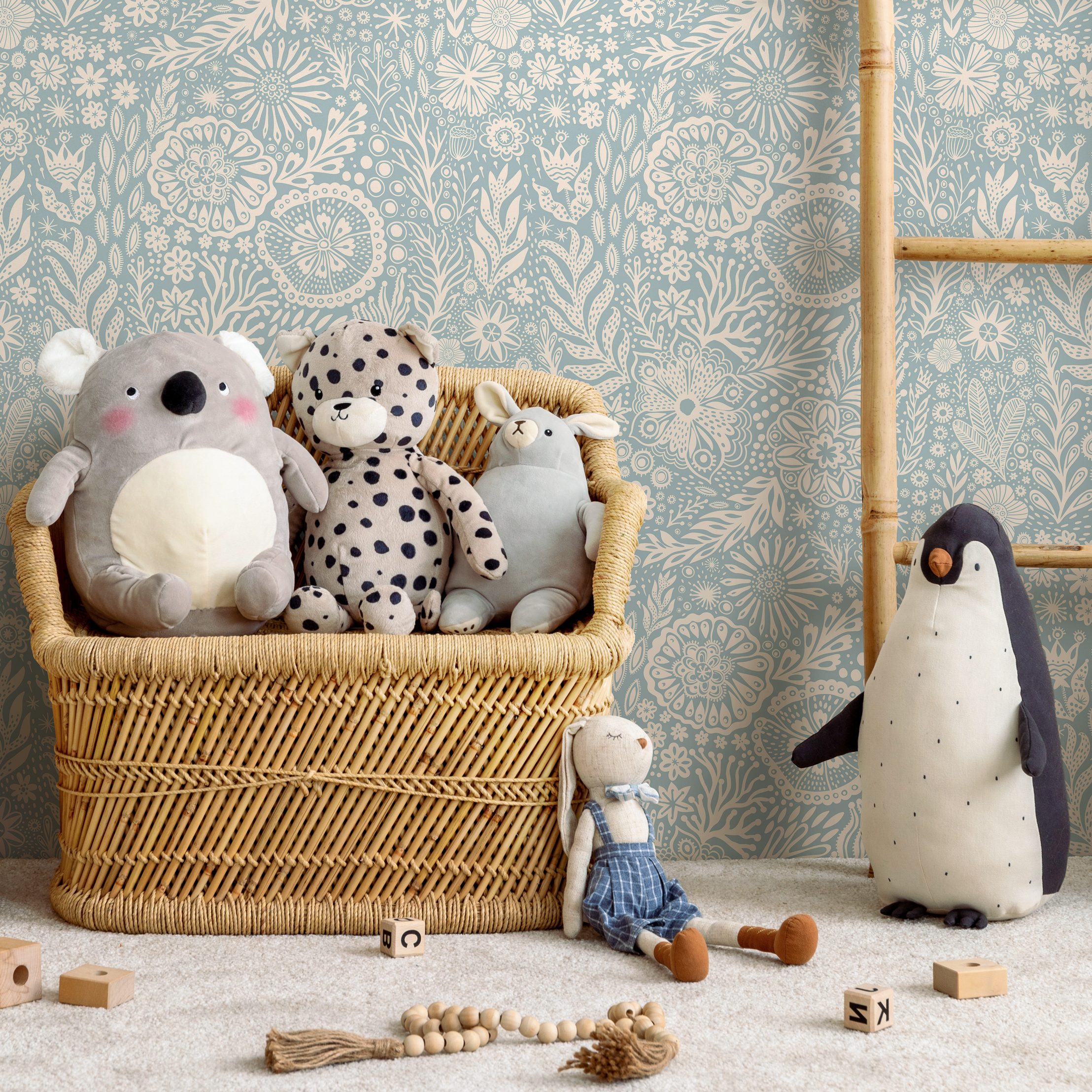 Floral Wallpaper With A Whimsical Folk Art Motif In Blue And Cream - C435